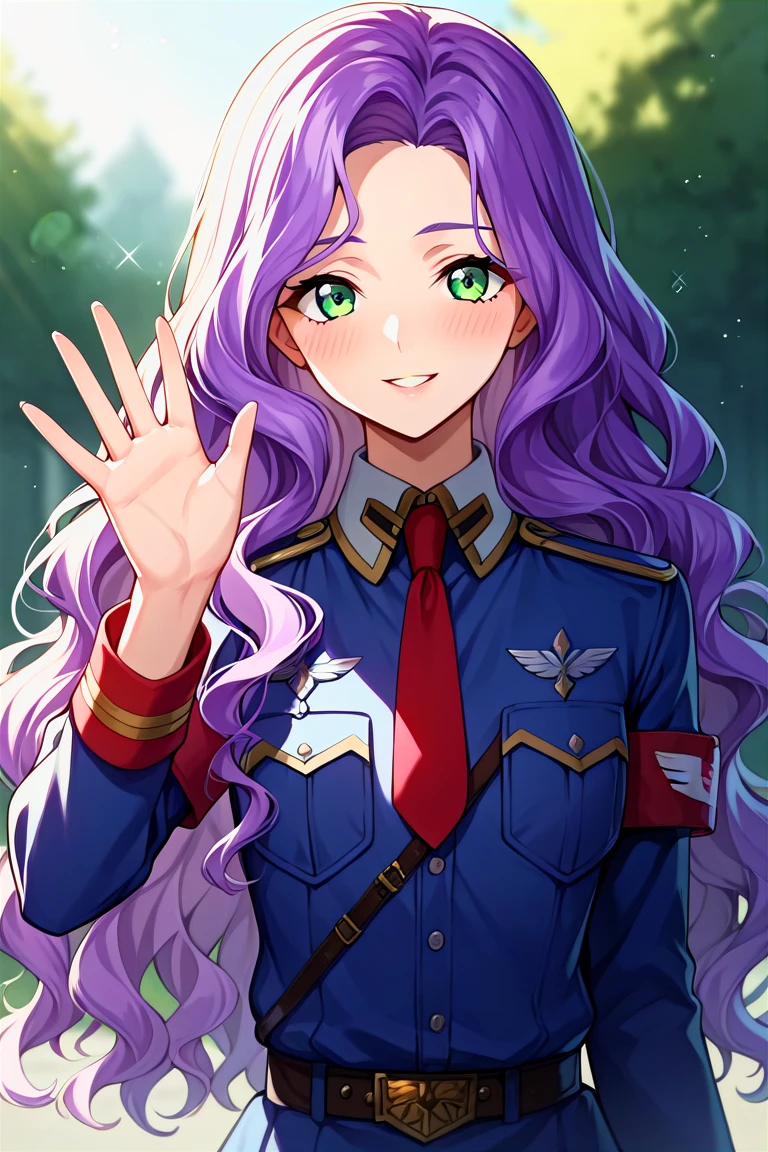 score_9, score_8_up, score_7_up, score_6_up, score_5_up, score_4_up, rating_questionable, , source_anime, digital illustration, pixiv, fanbox, uncensored, , BREAK, official art,
1girl, solo, female, anna clement, purple hair, green eyes, long hair, wavy hair,
military uniform, blue uniform, necktie, armband, waving, upper body,, outdoors, light smile, blush, cowboy shot, looking at viewer, <lora:Anna_Clement_Pony:0.9>