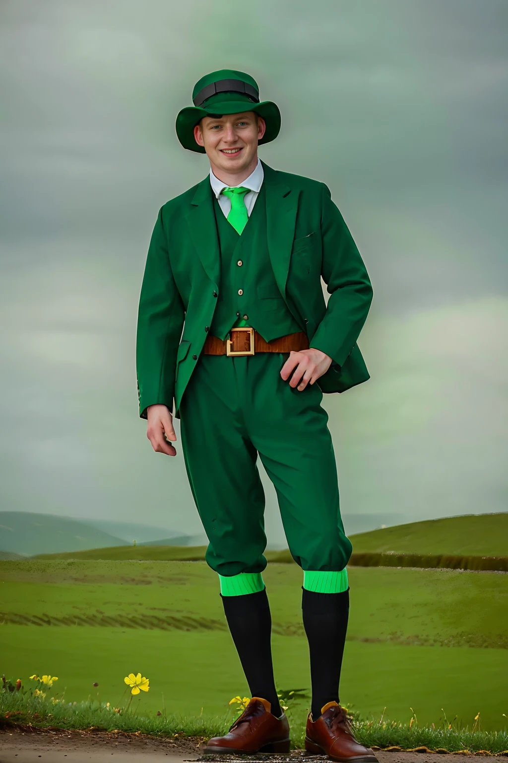 (Irish countryside), four-leaf clover in the foreground,  outdoors, smiling, ginger hair, (TomSutcliffe) is a leprechaun wearing green clothes, green jacket, (green knicker pants), ((black socks)), Ghillie shoes, (((full body portrait))), wide angle, <lora:TomSutcliffe:0.8>  <lora:LeprechaunMale:0.75>