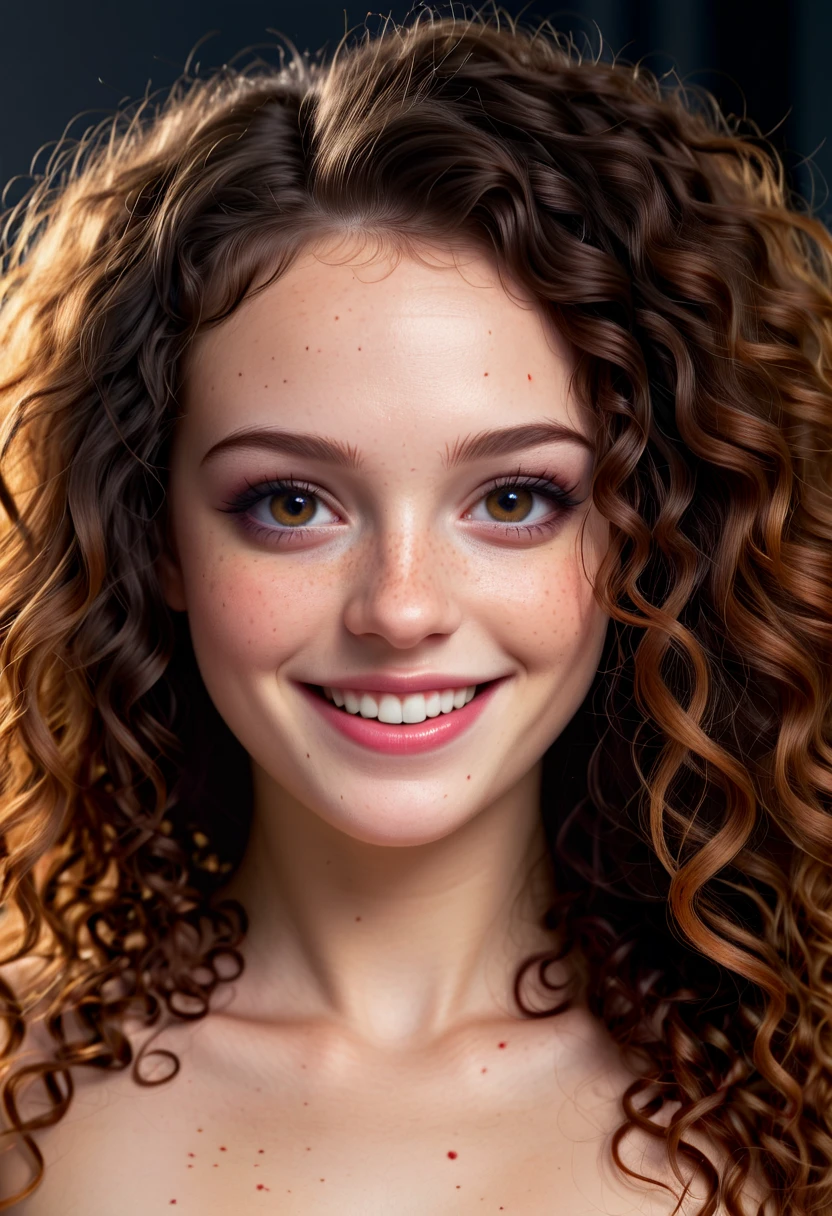 beautiful lady, (freckles), big smile, ruby eyes, long curly hair, dark makeup, hyperdetailed photography, soft light, head and shoulders portrait, cover