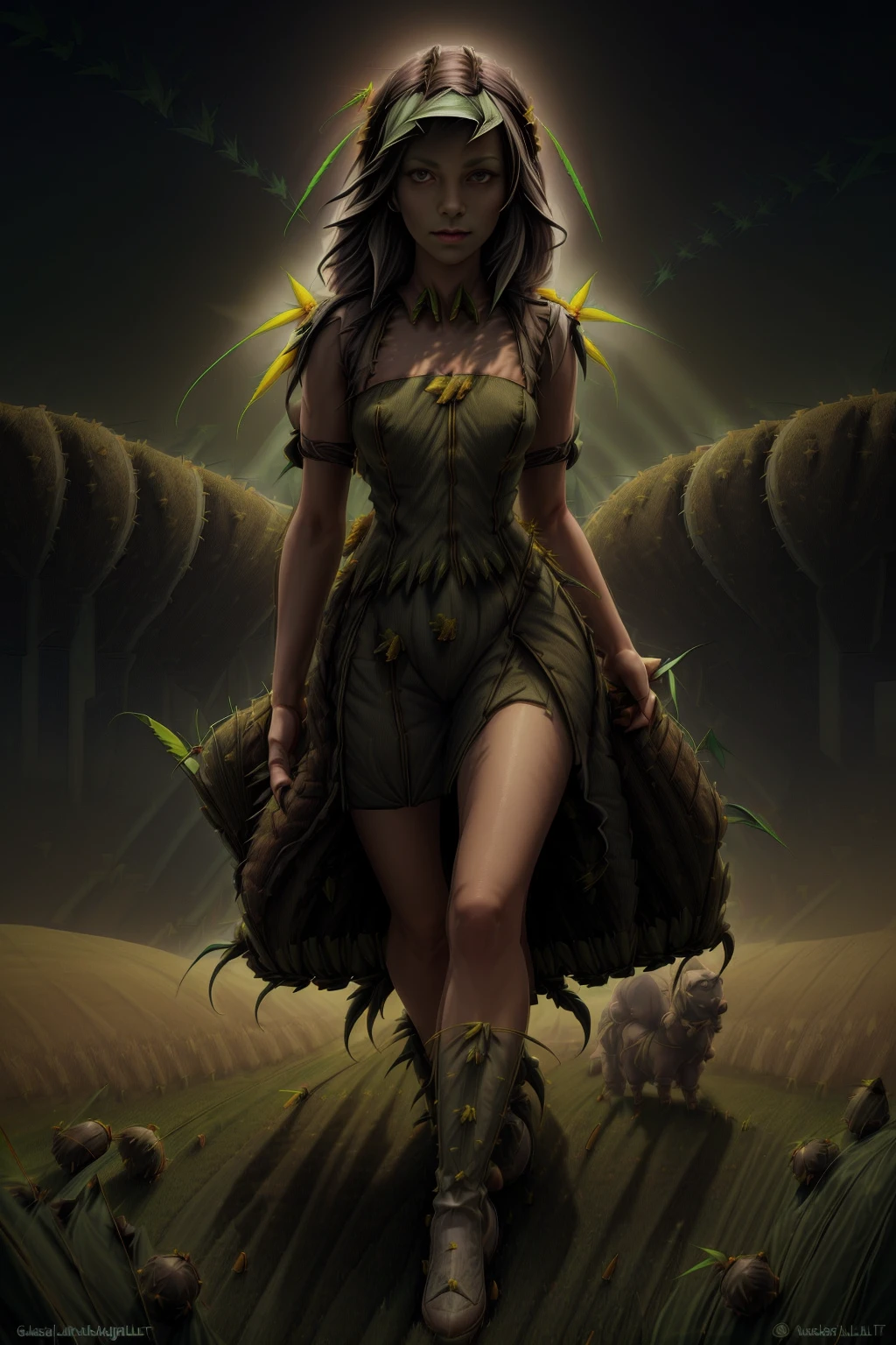 <lora:GrassWorld:1.0> (GrassWorld:1.1) ((plain black background)) ((fantasy setting)) ((full-body, pale woman, walking towards viewer, closeup)) ((deep shadow, nighttime, subtle lighting, misty fog and smoke)) ((spotlight-subject-direct-front-stagelight))
