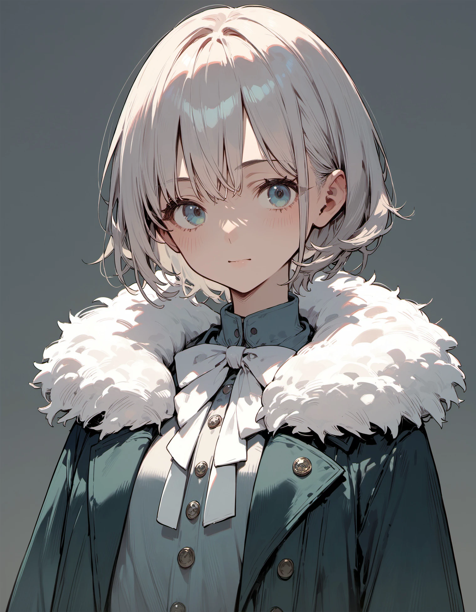 1girl, blue eyes, closed mouth, coat, expressionless, grey background, grey hair, long sleeves, looking at viewer, short hair, simple background, smile, solo, upper body, white bow