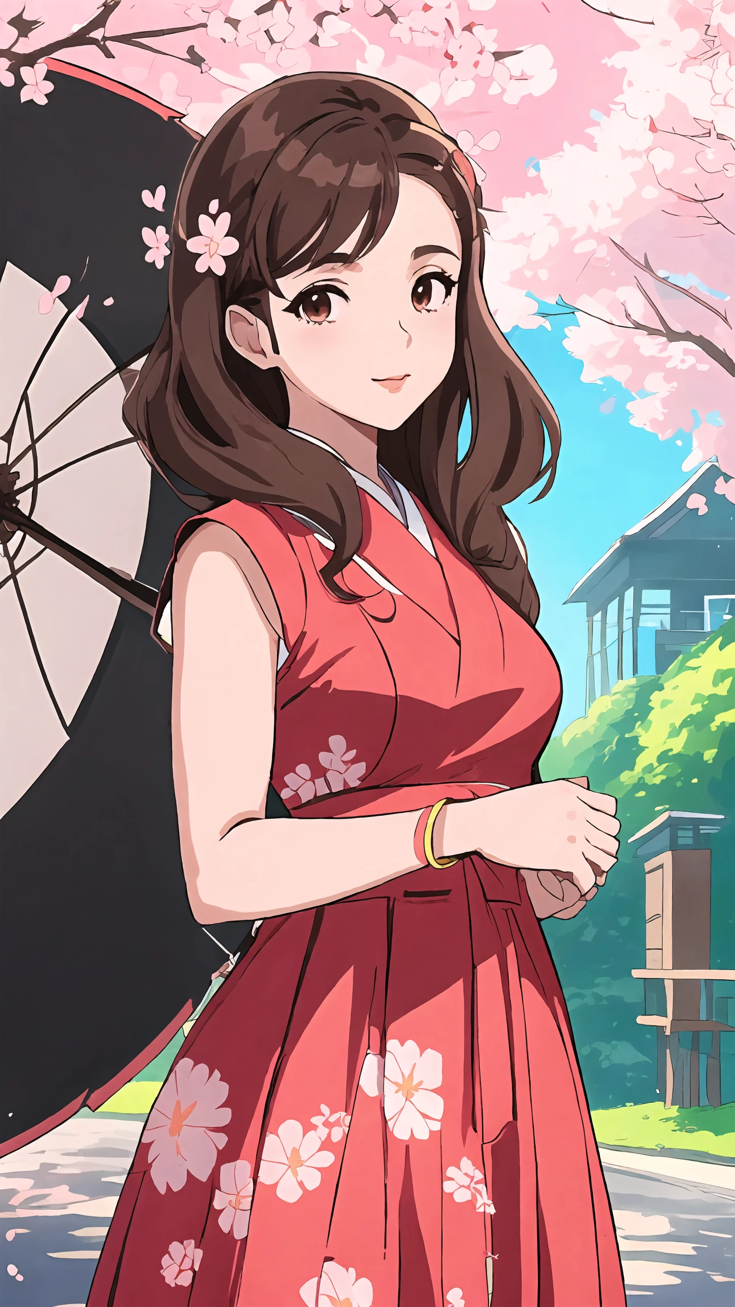 anime, drawing, a cartoon of laur3bv woman, smiling, wearing a dress, japanese architecture, cherry blossom trees, flowers, flora, (brown hair) <lora:laur3bv-v3:1>