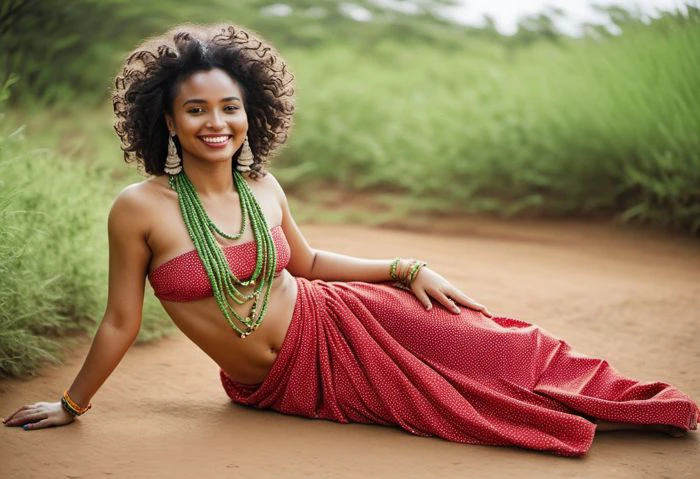 ((Raw Analog Color Photo)), ((full body in frame, head to toe in frame)), (best quality, high quality, sharp focus:1.4), Beautiful photogenic smiling African, (detailed skin), (wearing a Traditional Ethiopian Dress, Curly hair), Relaxed_Woman, laying down, Aesthetically_Pleasant_Woman, Pleasant:DarkTone, blackmodel