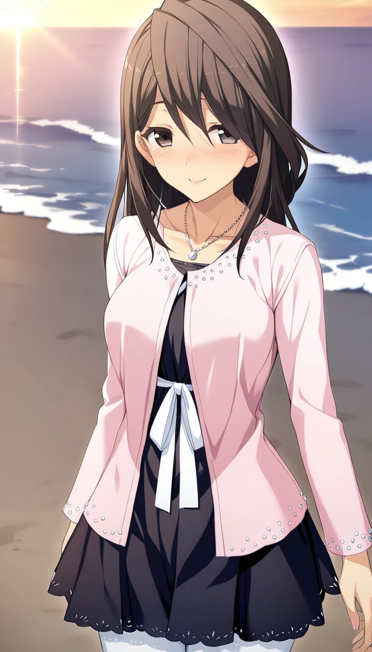 1girl,miki kotori,pink jacket,black dress,white pantyhose,silver necklace,white ribbon around the waist,masterpiece,best quality,solo,game cg,blush,smile,sunset,beach,(detailed beautiful eyes:1.2),(beautiful face:1.2),<lora:MikiKotoriXL:1>,