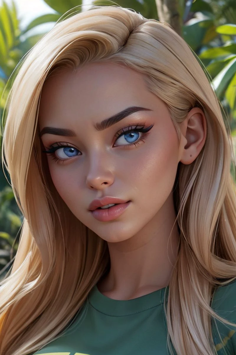 closeup headshot of S349_NinaEs,a beautiful woman,in a (jungle:1.1),wearing a (t-shirt:1.1),(4k, RAW photo, best quality, depth of field, ultra high res:1.1),(absurdres, intricate, photorealistic, masterpiece, ultra-detailed:1.1),