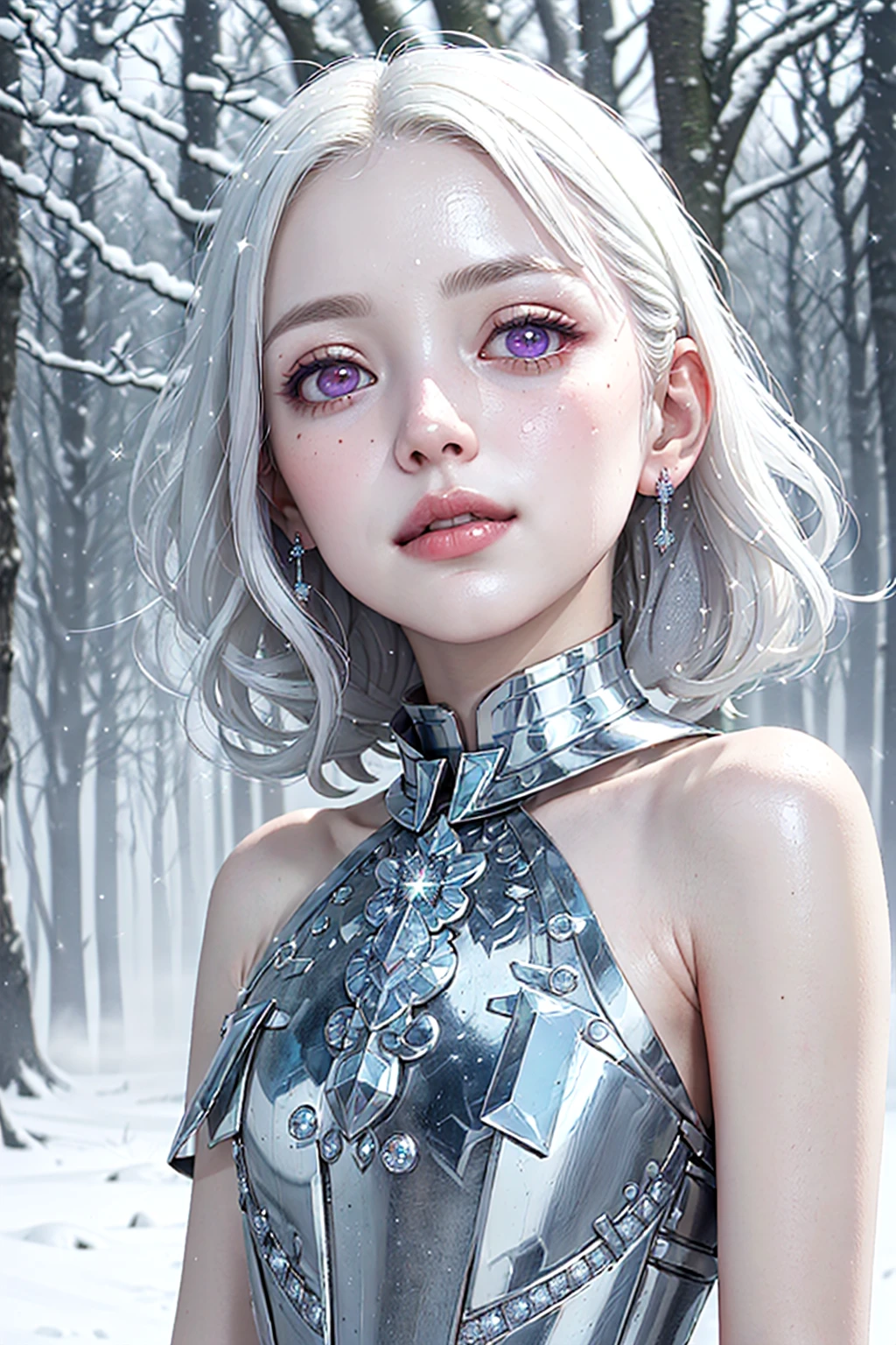 ((form-fitting, gleaming white, platinum breastplate covered in sparkling diamonds:2)) ((smooth flawless pale blushed skin:1.3)) ((magical head and shoulders 1/2 profile portrait, head-tilt-curious)) (Dark Fantasy Aesthetic portrait:1.2), (Glamour, elfin, elegant:1.3) ((white hair, curls, luminous, pulled back over ear with a jeweled silver barrette:1.4))  bust photo of a 20yo, (gorgeous, innocent, painfully beautiful, blushing, sweetness, in love:1.2)  ((wearing a silver platinum metal collar covered in hundreds of tiny diamonds and rubies, in an amazing geometric pattern, inticate details, light sparkling, glittering:1.5)) vivacious, enigmatic, ethereal, (albino:1.3) (nymph:1.3), (albinism:1.4), ((High broad forehead:1.5)) ((Clean, Straight Eyebrows)) ((((oddly unusual, Wide-Set enormous purple Eyes))))) ((Tiny cute button nose upturned)), ((small thin, gentle red lipgloss Lips))   windswept (stylish short white hair:1.3) (piercing, flashing, Red eyes, purple eyes:1.3), (looking at viewer), ( Cheeky Smile:1.3), (mischievous Expression:1.2) (flawless skin:1.3), (shiny skin), diaphanous white dress, (snow covered Woodland, foggy:1.4), (half-obscured:1.3), (Close up:1.2), Dutch Angle), (dynamic composition:1.2), (shallow depth of field:1.2), (dappled sunlight:1.2), vibrant, saturation, ((realistic-ultra-HD-details)) ((golden ratio, rule-of-thirds masterful-composition)) ((head down, looking up)) ((slender shoulders))
((detailed amazing hyper_detailed, absurdres, photo, masterpiece))
((8k award winning, best quality)) [chibi]
RAW photo, subject, 8k uhd, soft lighting, high quality, film grain, Fujifilm XT3
<lora:leco_pale_skin_last:-1.6> ((pale skin, white skin))