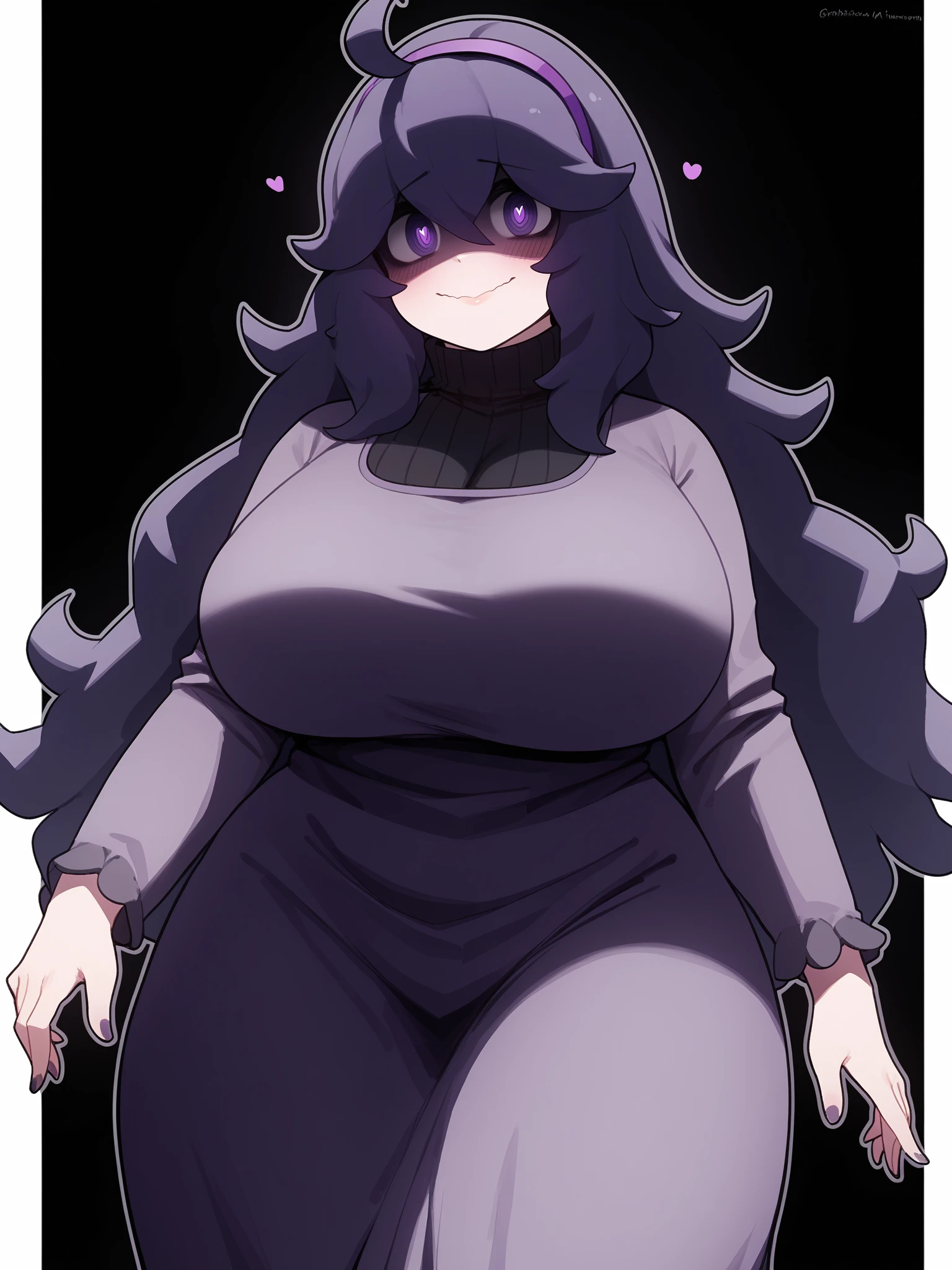 score_9, score_8_up, score_7_up, score_6_up, score_5_up, score_4_up,
BREAK
1girl, hex maniac \(pokemon\), purple eyes, swirly eyes, dark purple hair, long hair, messy hair, ahoge, purple hairband, hair between eyes, shaded face, light smile, small mouth, blush, flustered, heart-shaped pupils,
BREAK
solo, standing, purple dress, long dress, turtleneck dress, thick thighs, huge breasts,
BREAK
black background, simple background, dark, angled shot, dynamic pose, dynamic angle, <lora:Lunas-Mmmmmkun-SDXL-A1:1>