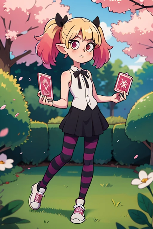 (masterpiece, best quality:1.2), highres, best illustration, 8k wallpaper, (Traditional Media), (2d:1.2), wide shot, (dynamic angle:1.1), , outline, ((thick lineart)), cover, stylish, official art, (details:1.2), (fantasy), garden, (bloom:1.1), glow:0.2, shadow, nature, cherry blossoms, particles, (depth of field), sharp focus, (volumetric lighting), (bokeh:0.6), film grain:0.4, day, (soft lighting:1.1), vvnlla, blonde hair, multicolored hair, twintails, pointy ears, ribbon, black ribbon, neck ribbon, shirt, sleeveless, sleeveless shirt, pink hair, red eyes, looking at viewer, bow, bare shoulders, pantyhose, wings, shoes, sleeveless, pointy ears, striped, holding, holding card,<lora:Himesama_Goumon_Vanilla_00_01:0.8>