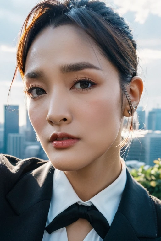 Best quality,masterpiece,ultra high res,(photorealistic:1.4),1girl,low key,slim body,dynamic pose,face closeup,makeup,<lora:gingle_wang>,grove,cityscape,portrait,suit,