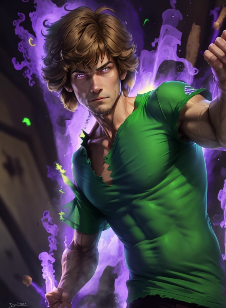 solo, 1boy, male focus, brown hair, shirt,10% power level,purple flame aura,blue glowing eyes,detailed eyes,face focus,detailed face,green shirt, <lora:Shaggy_RogersSD:1>