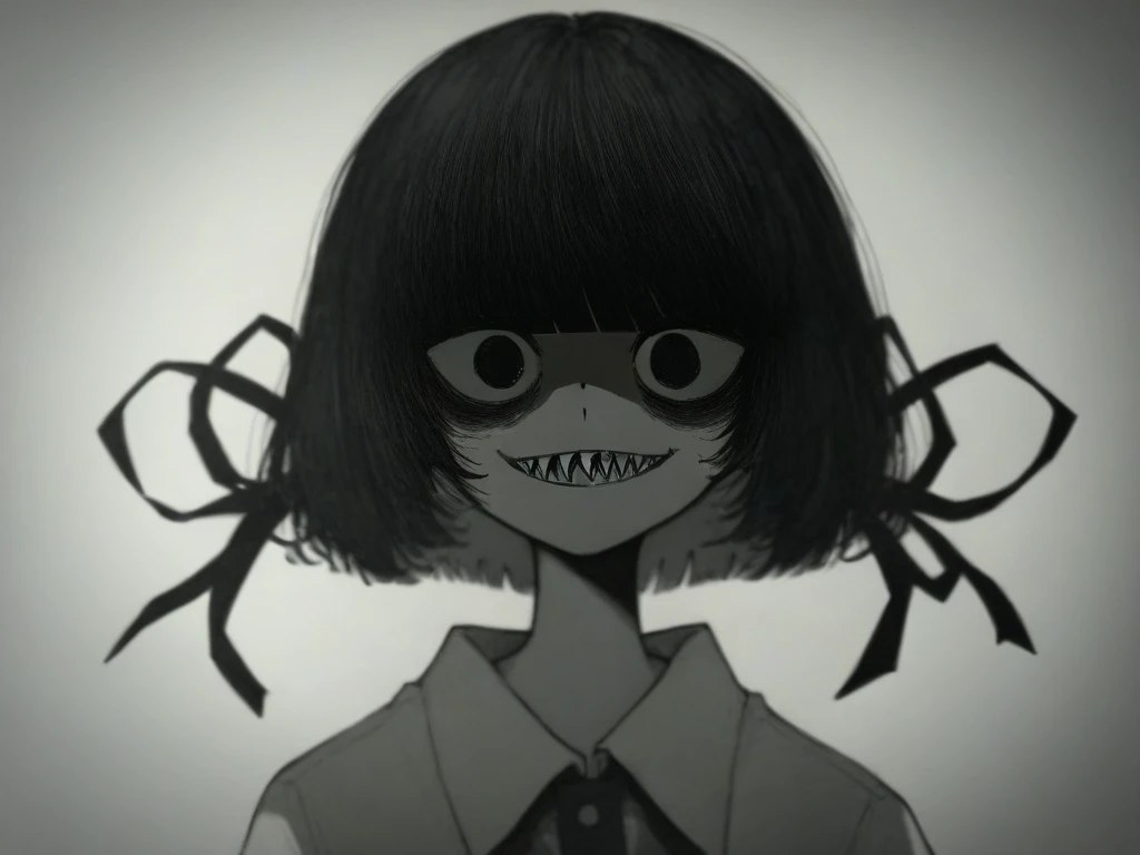 <lora:Epeulu-PonyXL-1024px:0.9>
score_5_up,
solo, 1girl, short hair, looking at viewer, smile, sharp teeth, ribbon, bangs, upper body, shirt, simple background, hair ribbon, bags under eyes, black eyes, grey background, blunt bangs, bob cut, blurry, medium hair