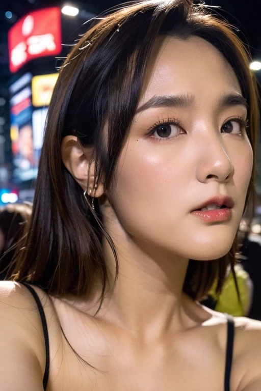Best quality,masterpiece,ultra high res,(photorealistic:1.4),1girl,low key,slim body,dynamic pose,face closeup,medium breasts,small breasts,makeup,<lora:gingle_wang:0.9>,city_lights,