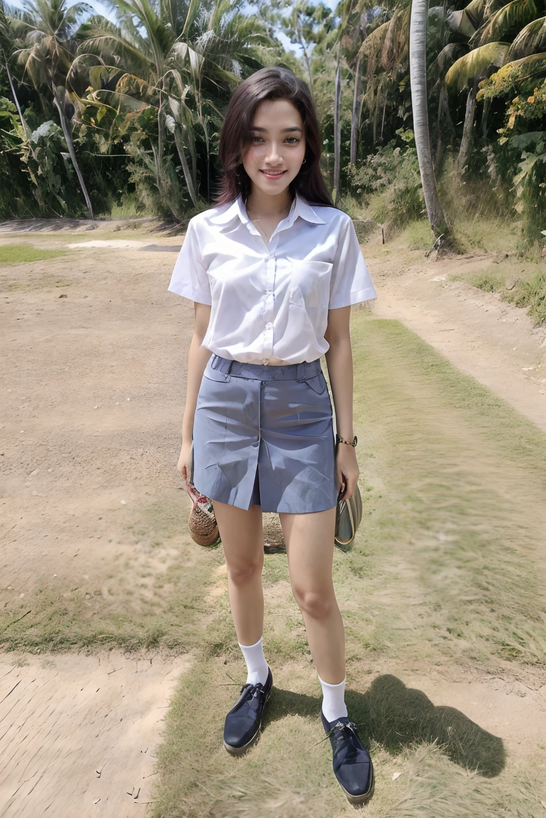 ((masterpiece)), ((best quality)), ((detailed)), ((realistic)), ((nikon RAW photo, 8K, Fujifilm XT3, HDR10+, high-res, depth of field, huge filesize, low-angle shot)), (1girl, solo, standing straight, arms at side, spreading arms), ((((full body:1.5), small breast:1.4, slender body:1.3, body height 163 cm, body weight 48 Kg, realistic body, 18 years old, 34D Cup))), (photorealistic:1.4), photorealism, photography, hyperrealistic, hyperdetailed, lots of details, extremely amazing finely detail, shoot by professional, professional photography, studio lighting, professional tuned lighting, outdoor, beach, perfection, best of the best, professional model, photo model, tuned by professional, lustful woman, arroused, seduced, flirty, orgasm face, horny, seductive expression, sexy, hot, seductive, tempt, naughty, cute, virgin, extremely delicate beautiful, a dashing collected professional beauty woman, Woman, Girl, neat, polite, nathania, medium hair, white shirt, white collared shirt, bluish gray skirt, white socks, black loafers, short sleeve, osis, beach, bright smile, free pose, beautiful pose, clean clothes, proportional, tucked in, looking at camera, gold necklace, gold small earrings, beautiful smile, beautiful body, perfect body, teen, <lora:Javanese_Girl_V2:0.8>