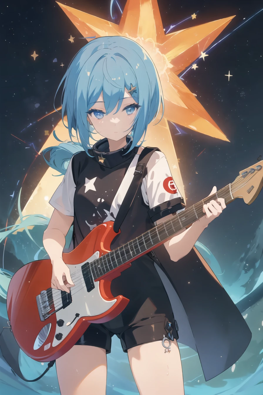 (masterpiece),best quality,Music symbols fill the background,(Deep Sea_background),Star Explosion,cowboy_shot,1girl,Electric Guitar,Phoenix Fire,Wearing super short pants,solo,