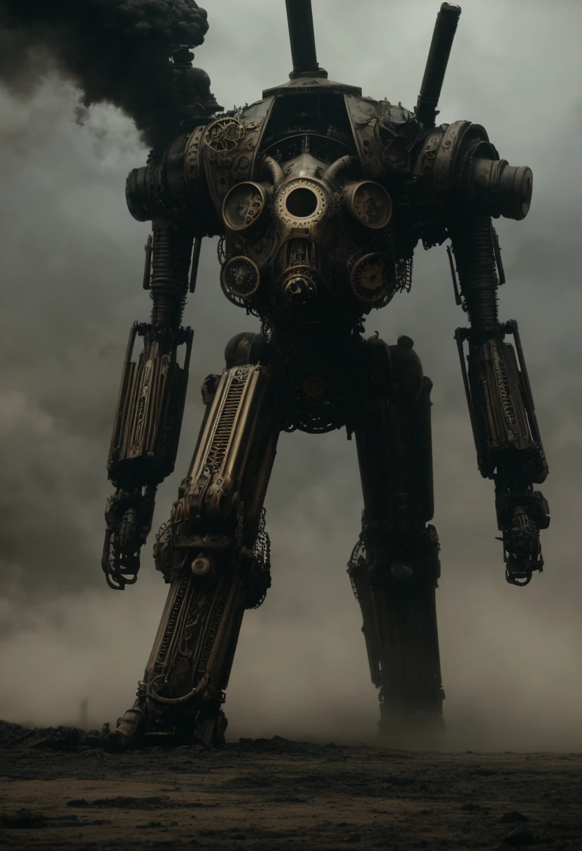 steam powered long legged war engine, giant (brass) steam punk mech, striding through grey ash covered wastes, cinematic film still, directed by Denis Villeneuve|Zack Snyder, steampunk masterpiece, (victorian style:1.2)