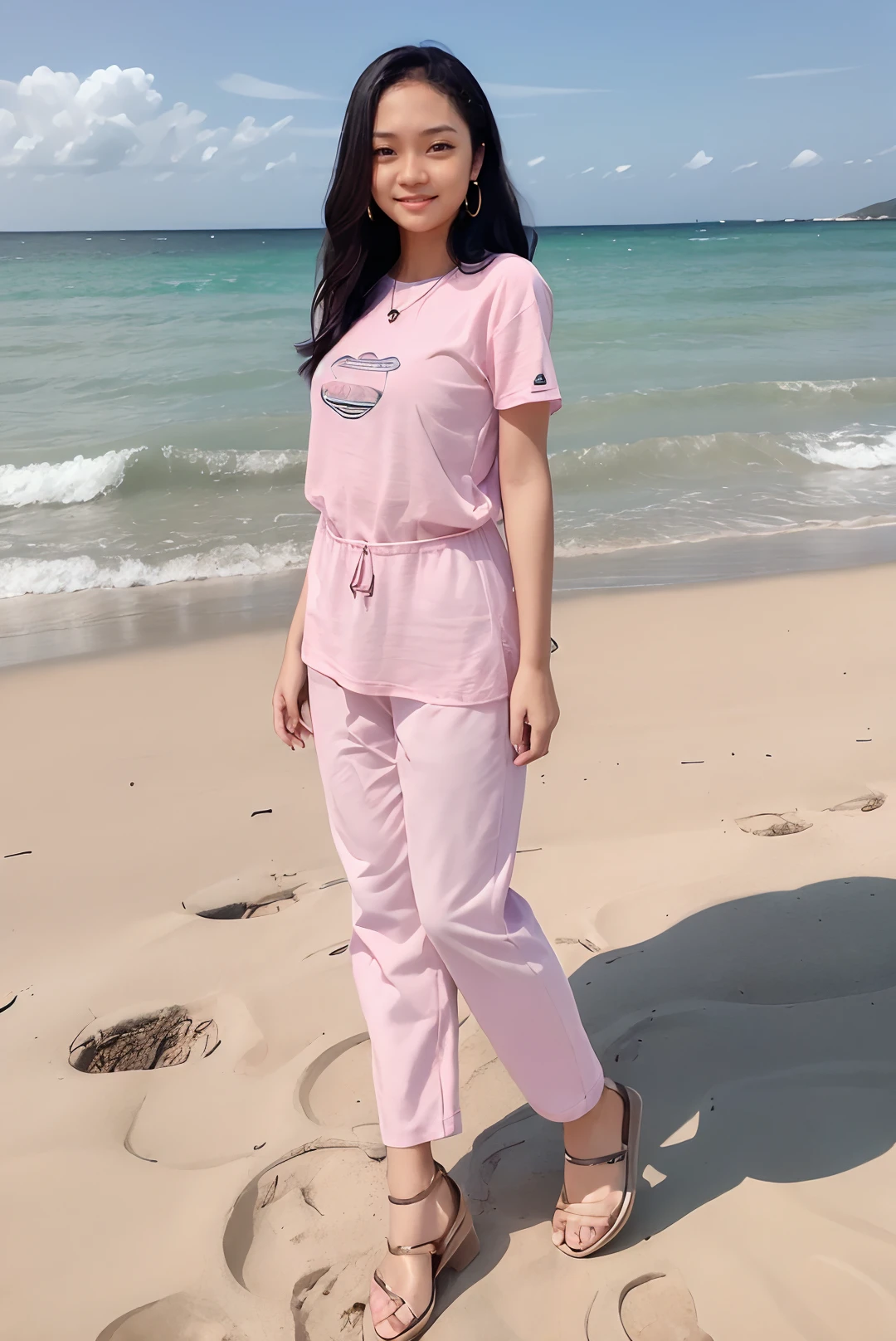 ((masterpiece)), ((best quality)), ((detailed)), ((realistic)), ((nikon RAW photo, 8K, Fujifilm XT3, HDR10+, high-res, depth of field, huge filesize, low-angle shot)), (1girl, solo, standing straight, arms at side, spreading arms), ((((full body:1.5), small breast:1.4, slender body:1.3, body height 163 cm, body weight 48 Kg, realistic body, 21 years old, 34D Cup))), (photorealistic:1.4), photorealism, photography, hyperrealistic, hyperdetailed, lots of details, extremely amazing finely detail, shoot by professional, professional photography, studio lighting, professional tuned lighting, outdoor, beach, sea wave background, perfection, best of the best, professional model, photo model, tuned by professional, flirty, naughty, cute, extremely delicate beautiful, a dashing collected professional beauty woman, Woman, Girl, neat, polite, melly, long hair, hair parted at the back, pink t-shirt, pink pants, photo on the beach, pink sandals, bright smile, casual pose, beautiful pose, clean clothes, proportional, untucked, looking at camera, gold necklace, gold small earrings, beautiful smile, beautiful face, beautiful body, perfect body, young adult, indonesian, Indonesia, SFW, <lora:Javanese_Girl_V6:0.8>