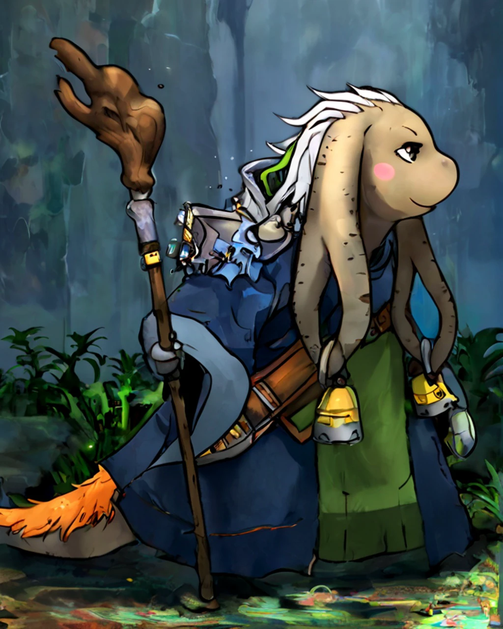 rpg illustration, old nu mou geomant striding through the marshes, with white hair and orange tail, with bell jewelry, holding a glowing magical staff, torn robes and old worn bag, aftermath of a battle