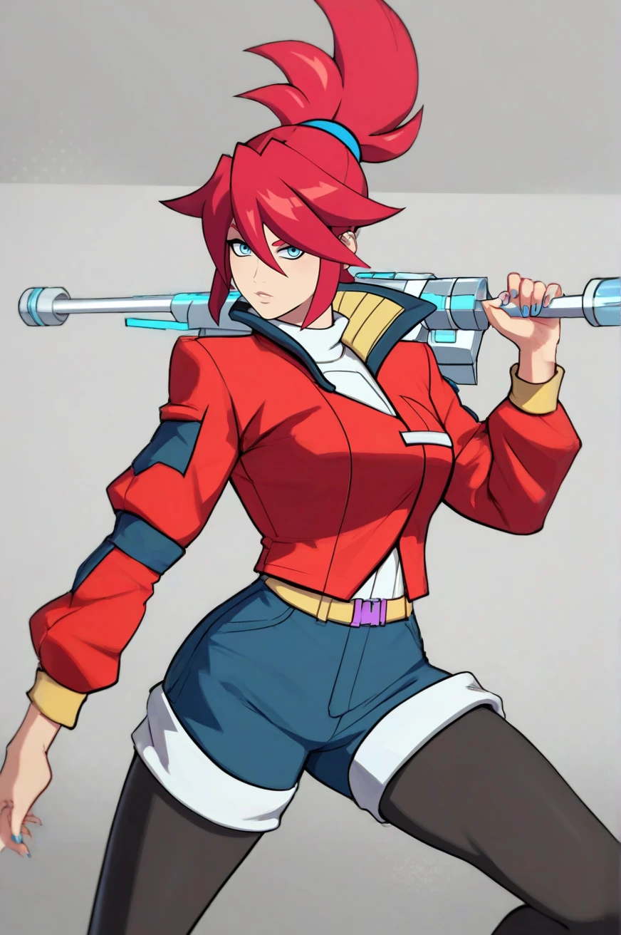 score_9, score_8_up, score_7_up, score_6_up, high quality, <lora:KorsicaXLPONY:1> korsica, korsica \(hi-fi rush\), 1girl, older, solo, blue eyes, red hair, spiky, ponytail, red eyebrows, red bangs, hair between eyes, upper body, red jacket, cropped jacket, breasts, blue shorts, leggings, standing, looking at viewer, pose, shoulder armor, ponytail, black legwear, uniform, red shirt, dynamic pose, arms out,