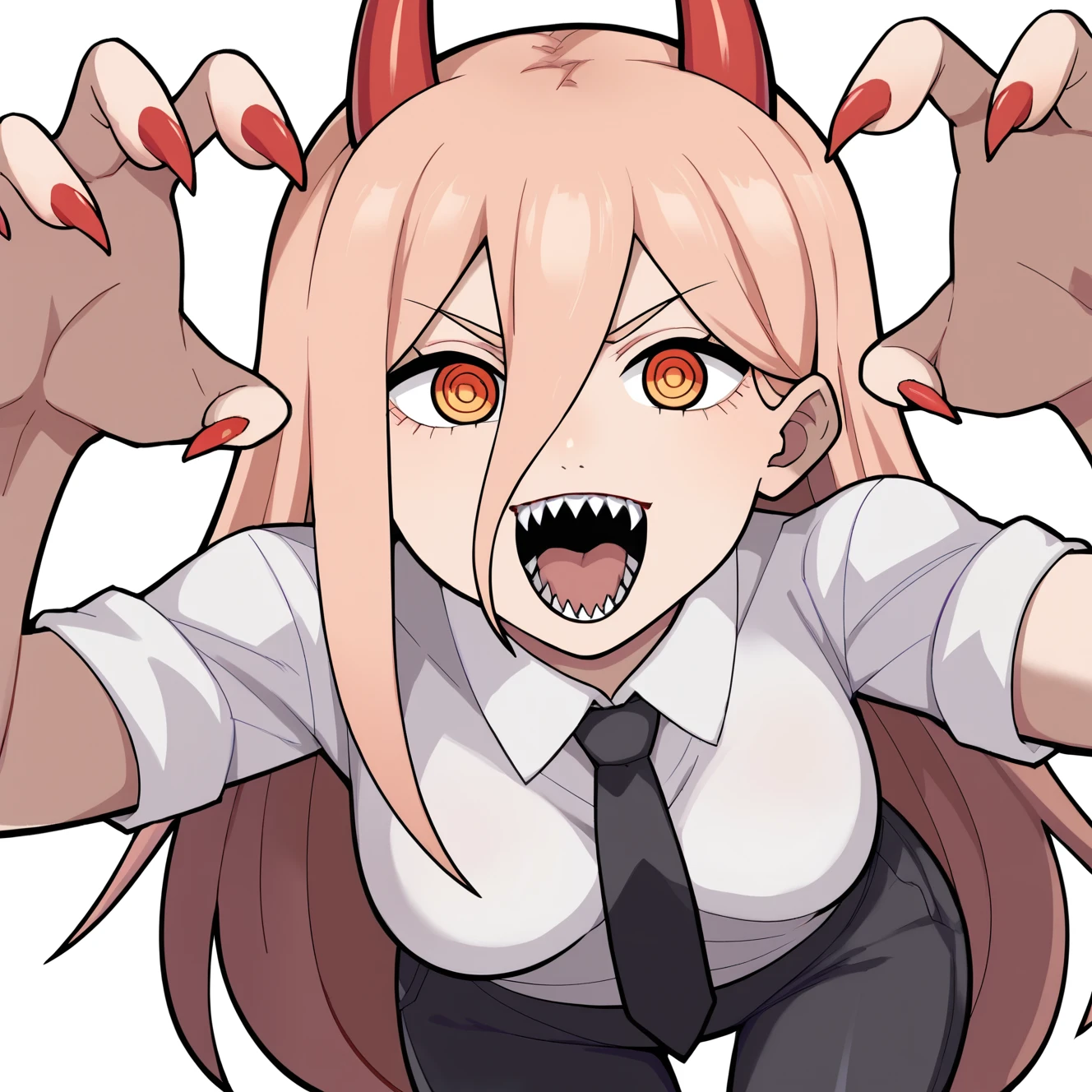 score_4, score_5, score_6, score_9, score_8_up, score_7_up, source_anime, power \(chainsaw man\), chainsaw man, demon horns, collared shirt, white shirt, necktie, black pants, open mouth, pov, selfie, outdoors, city, night, fellatio, huge cock, dark skinned male, licking penis, tongue on penis, oral sex, blowjob, ((blowjob)), struggling to swallow, cum, vacuum blowjob, deepthroat 