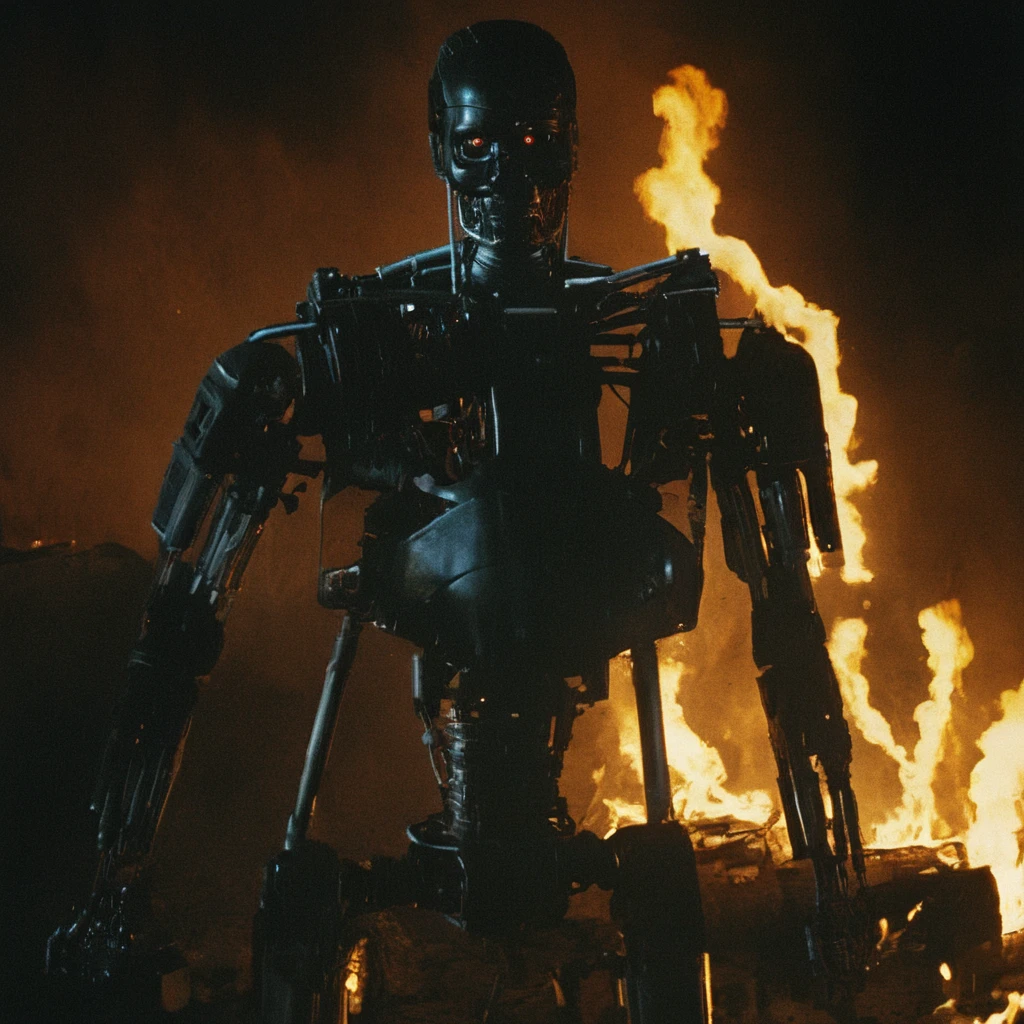 Horror-themed, <lora:Terminator style:0.9>
In the 1980's Cybernetic Android a robot is standing in front of a fire,solo,looking at viewer,sitting,no humans,robot,mecha,science fiction,humanoid robot , horror themed, dark themed, low key light, dramatic light, dramatic shadow light, contrast, cinematic color, cinematic look, filmic, realistic, realism, perfection, perfect, Kodak, Kodak film, movie still, Terminator style, The Terminator 1984 Film style, Eerie, unsettling, dark, spooky, suspenseful, grim, highly detailed