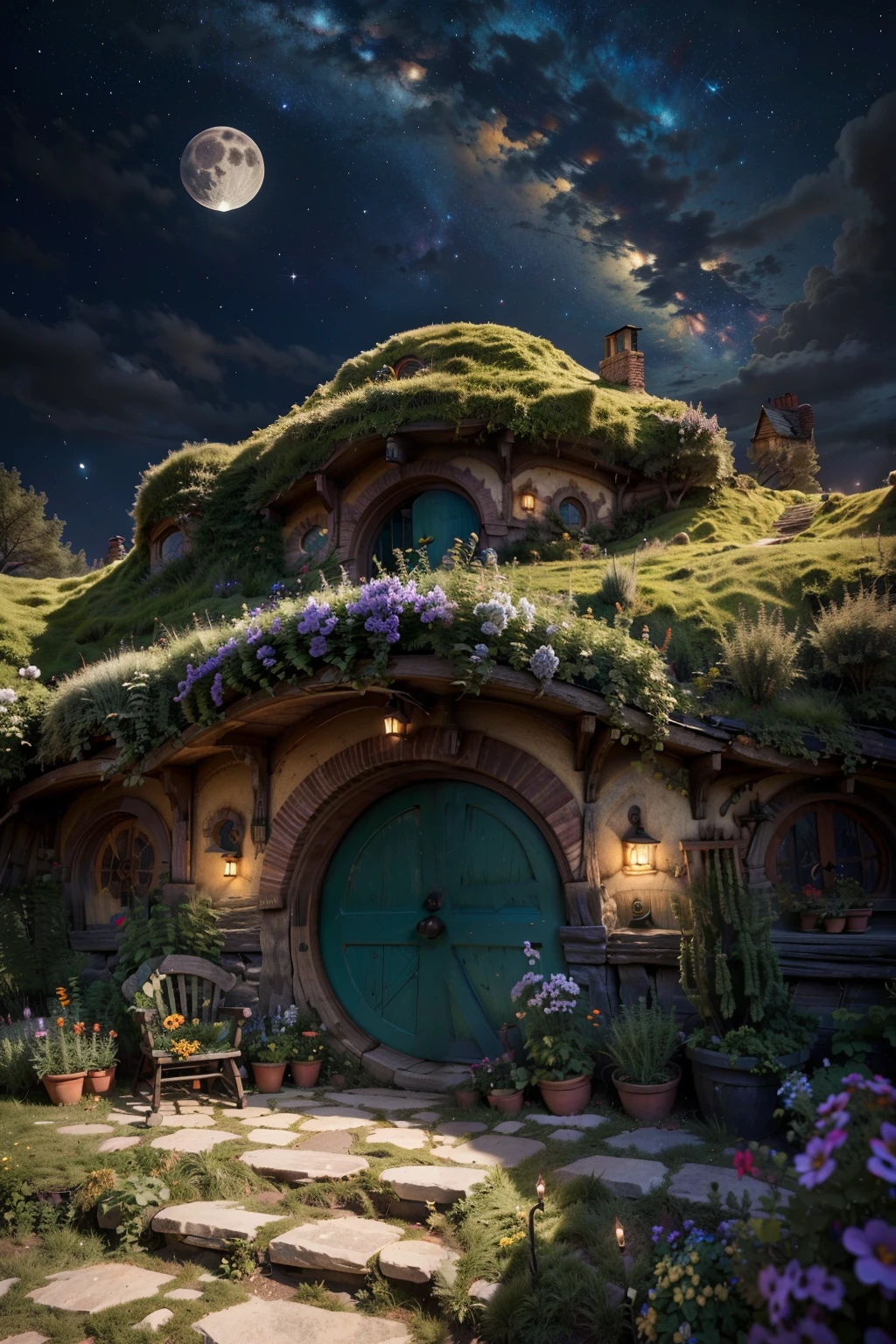 ((masterpiece, best quality)), <lora:Hobbit_Hole:0.8>, high resolution, highly detailed,  Hobbit Hole,  starry sky, night sky, moon, cosmos,  flower, day, tree, animal, red flower, blue flower, yellow flower, door, purple flower, potted plant, house, orange flower