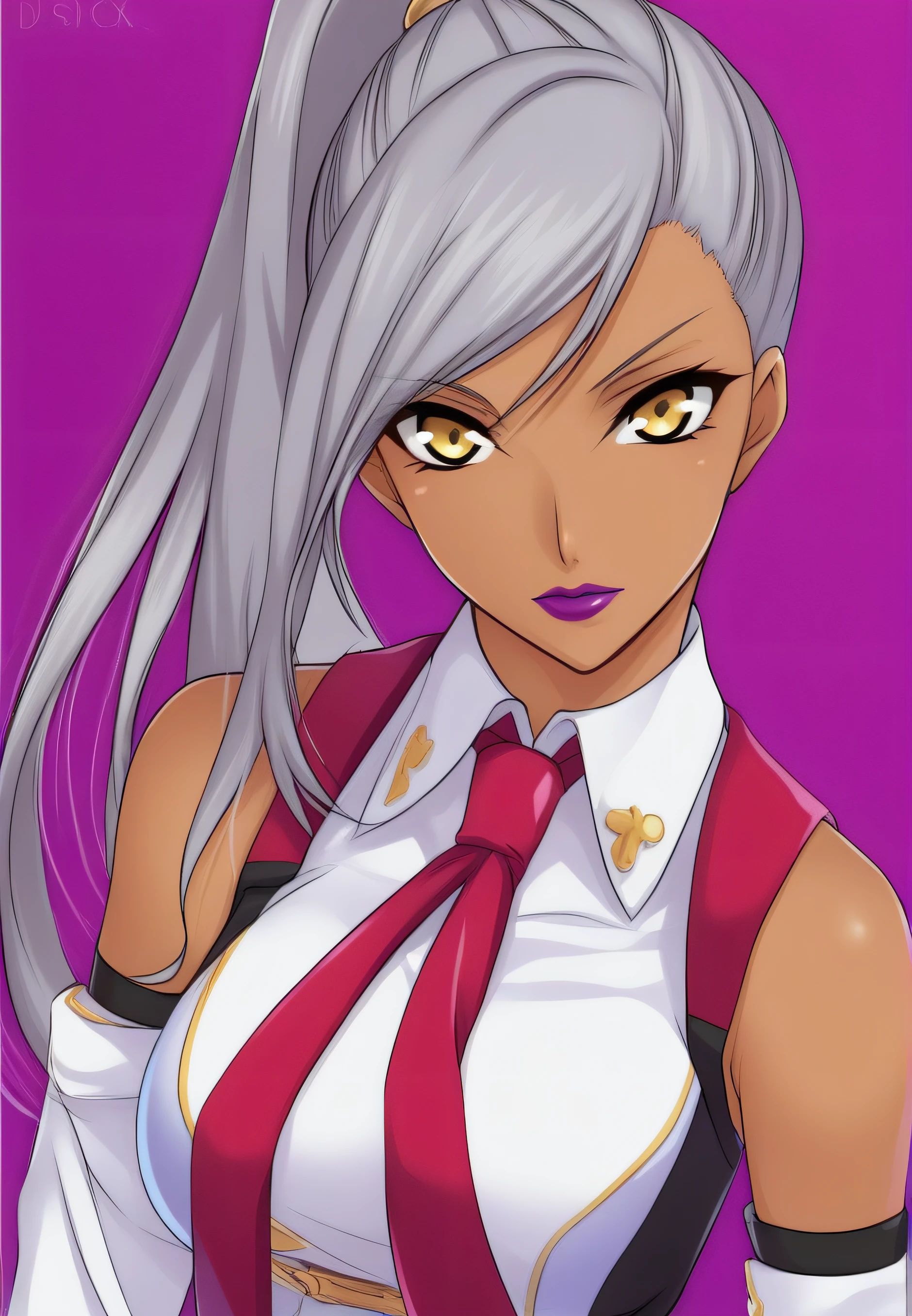 Violetta, 1girl,solo,long hair,gray hair,ponytail,yellow eyes,upper body,detached sleeves,necktie,dark skin,uniform,dark-skinned female,lipstick <lora:Violetta:0.7>