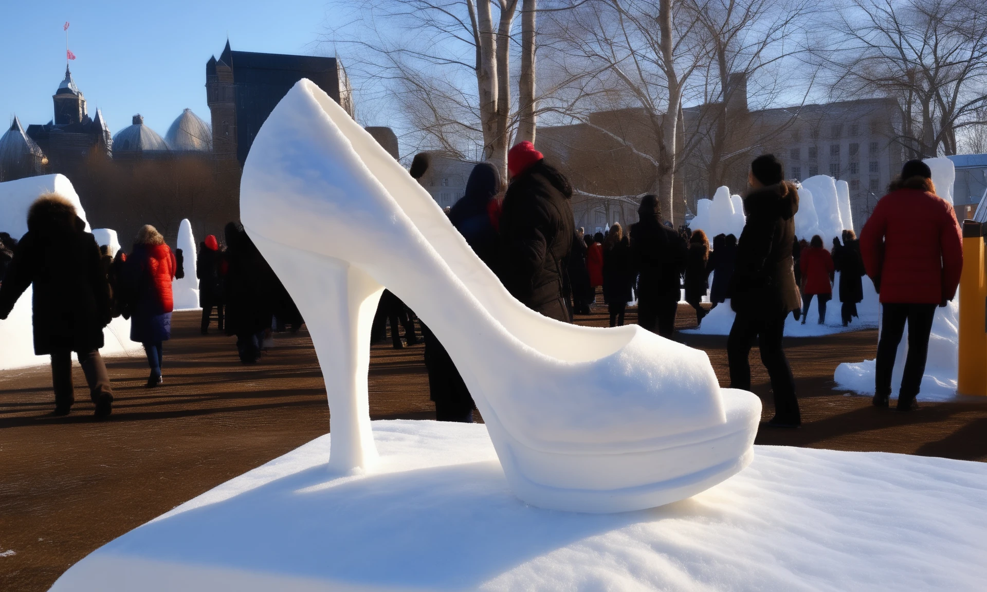 <lora:snowsculpturecd_xl-000006:0.8>,a snow sculpture of a pair of high heels made of snowsculpturecd_xl on snowfield,snowsculpturecd_xl body,snowsculpturecd_xl face,winter,midday,solo,outdoors,in park,blue sky,there were a lot of people watching in the distance,cute and lovely,still life,from front,looking at viewer,close-up,full body,no humans,fine art,detailed,hi-res photo, emotional,harmonious,high budget,moody,epic,gorgeous,perfect lighting,realistic,photorealistic,photographic,photo (medium),real,moody lighting,volumetric lighting,reality ray tracing,8K,HDR,UHD,masterpiece,best quality,highly detailed,high resolution,finely detail,extremely detailed,ultra detailed,wallpaper