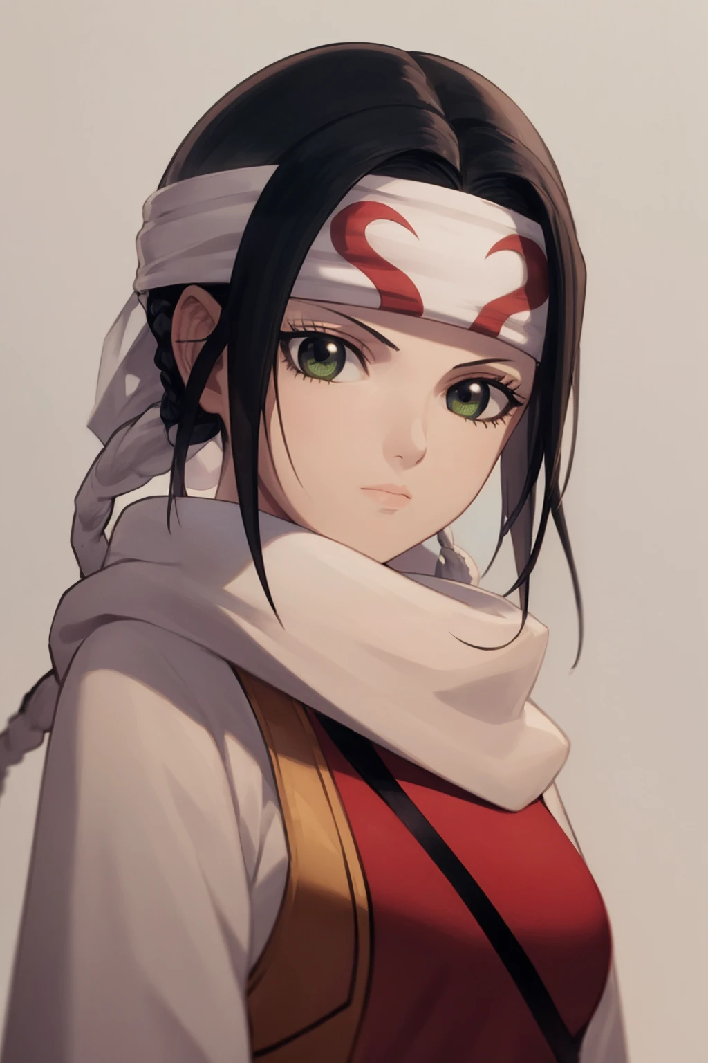 masterpiece, best quality,
1girl, kyoukai, black hair, braid, ponytail, green eyes, headband, scarf,
upper body, solo, looking at viewer, simple background <lora:Kyoukai:1>