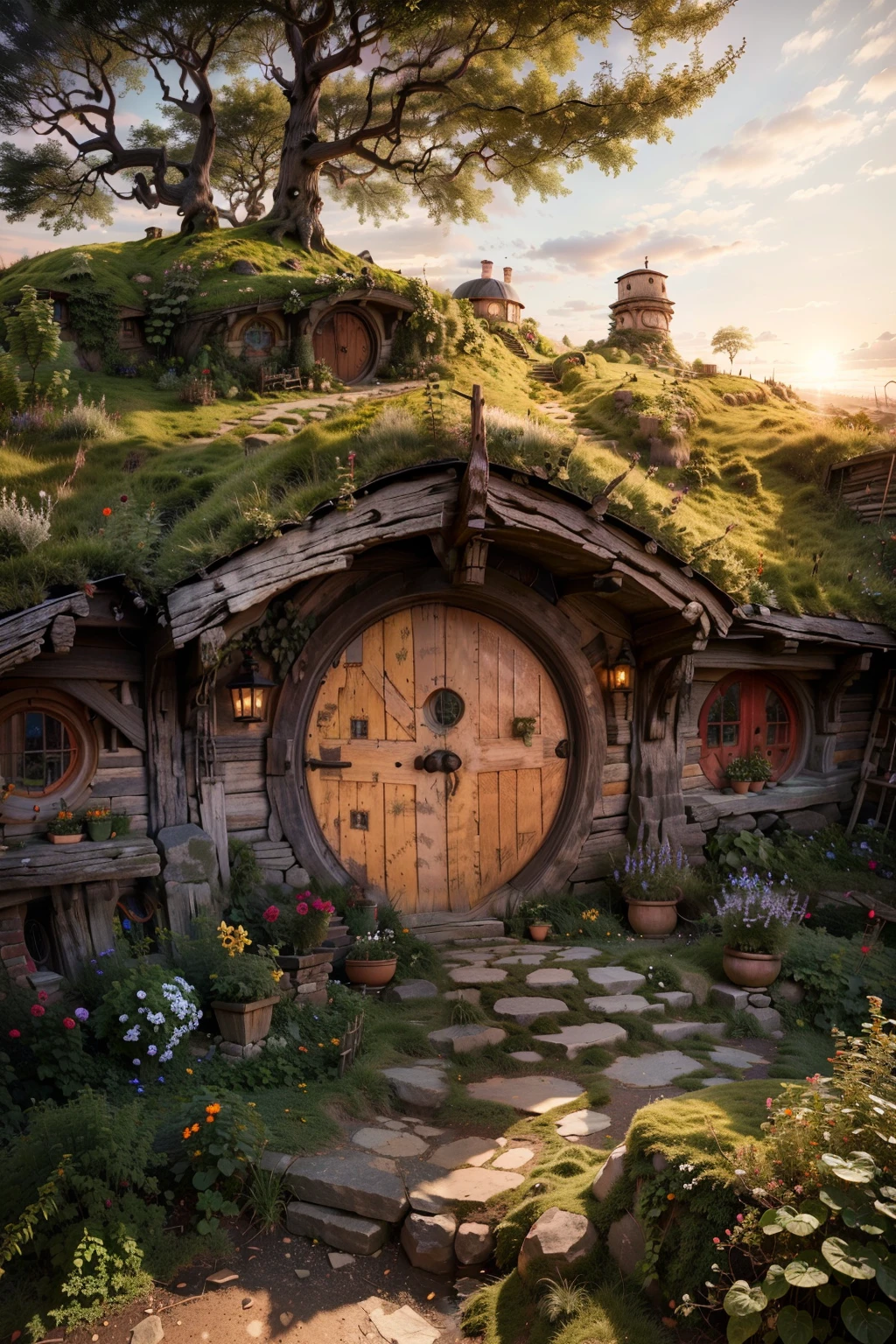 ((masterpiece, best quality)), <lora:Hobbit_Hole:0.8>, high resolution, highly detailed,  Hobbit Hole,  beautiful sunset,  flower, day, tree, red flower, blue flower, yellow flower, door, purple flower, potted plant, house, orange flower