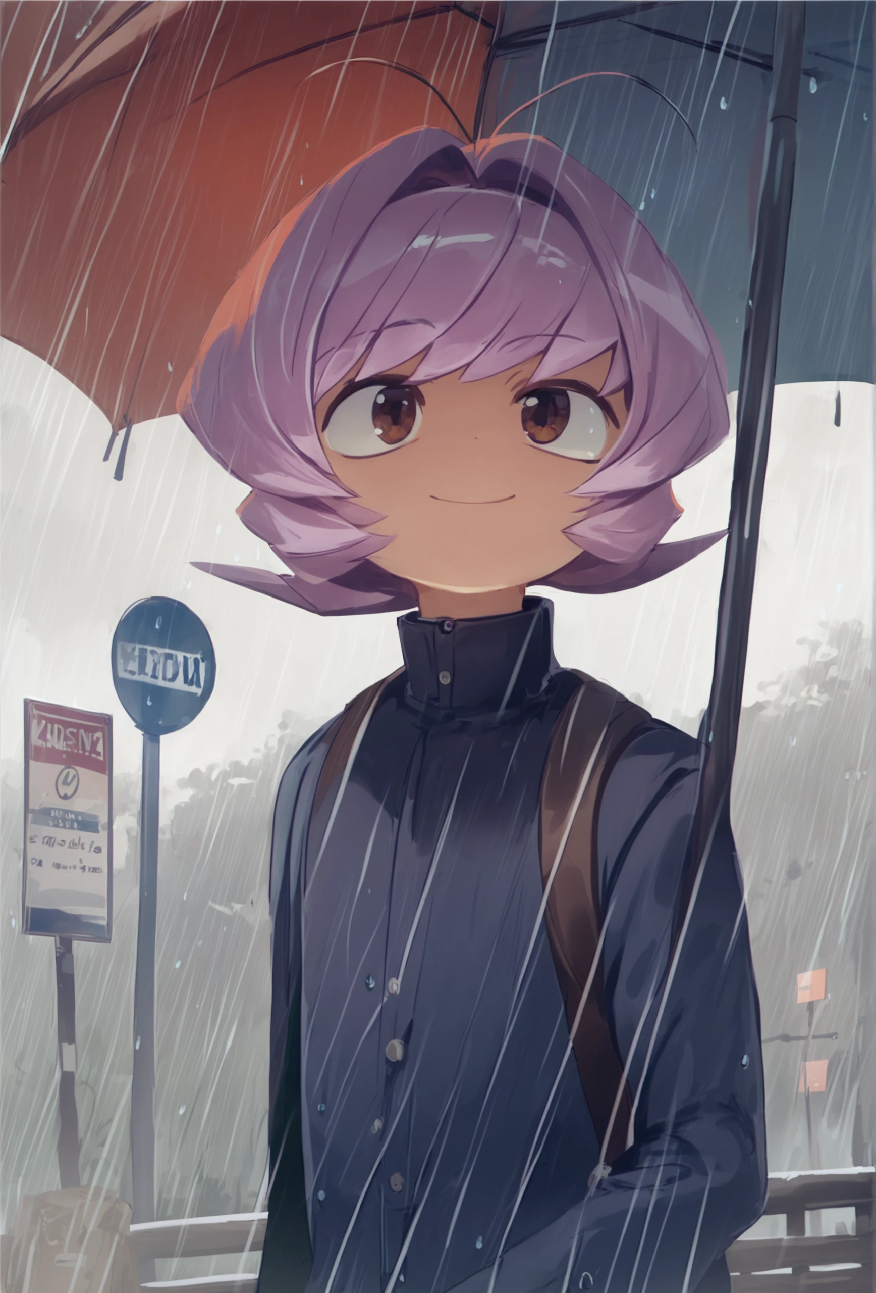 score_9, score_8_up, score_7_up, score_6_up, score_5_up, score_4_up, solo, <lora:osana_najimi_ponyxl_r5_e10:1> osananajimi, umbrella, flat chest, bus stop, rain, dark, brown eyes, eye reflection, light smile