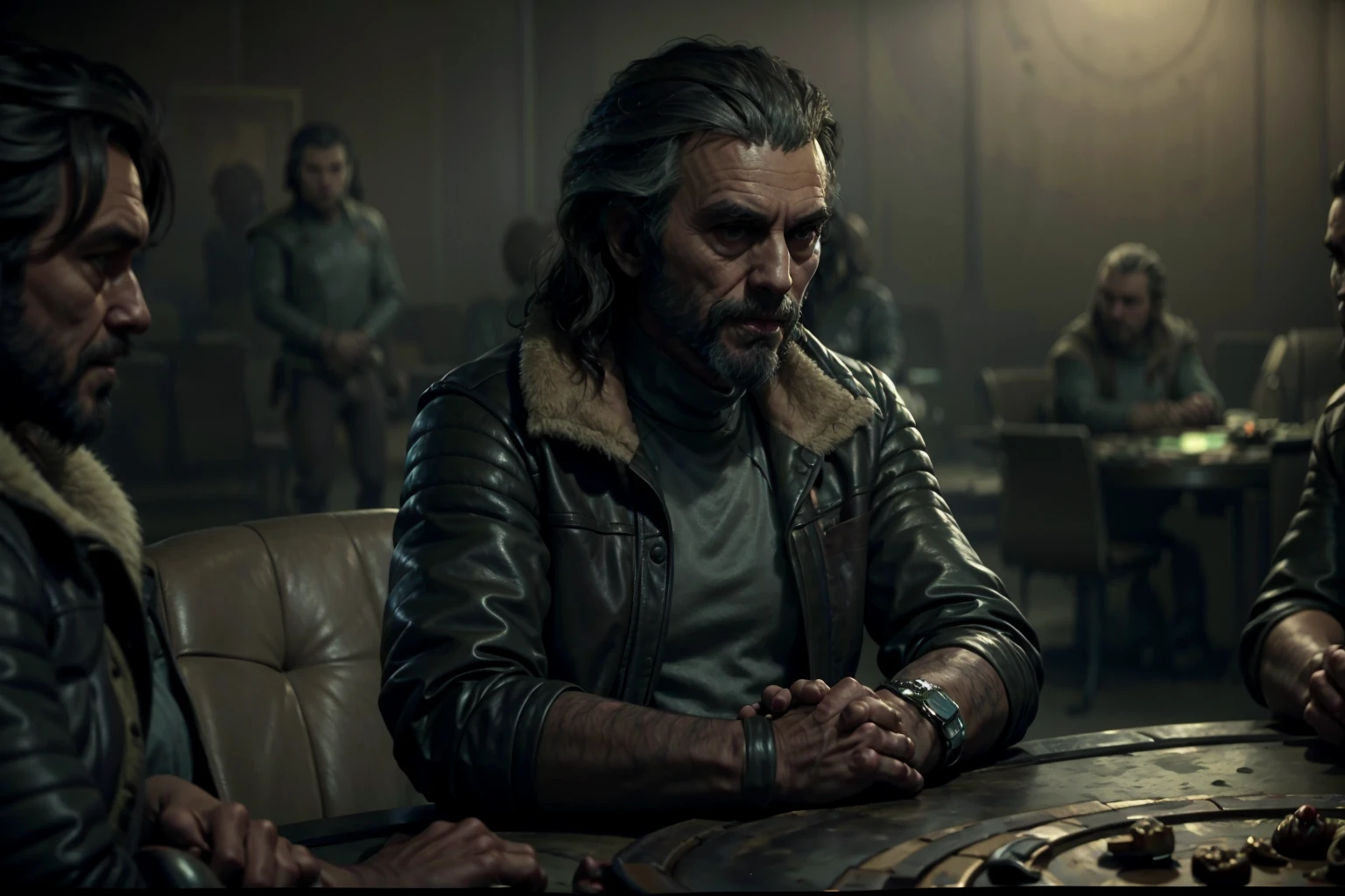 RAW photo of a man in a fur lined leather jacket sitting at a table <lora:T4l0nK44rd3:1>, StarWars_Outlaws , Amidst a tense diplomatic summit, he brokers a fragile peace, his negotiation skills averting a galactic crisis:1.3. , <lora:StarWars_Outlaws_Style-SD15:0.75>