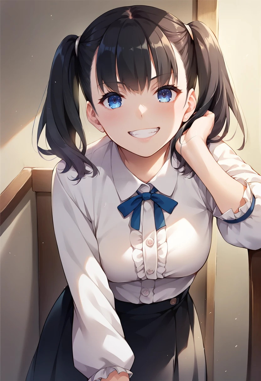 score_9, score_8_up, score_7_up, source_anime, 1girl,blue eyes,twintails, black hair, white blouse, black skirt, grin,looking at viewer, from front, <lora:Nakajima-Yuuka-Style-PonyXL-000038:1>
