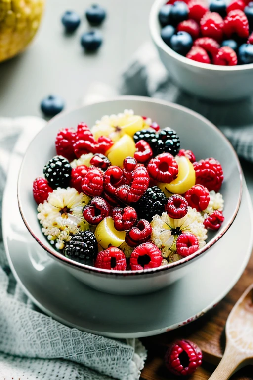 (fresh fruit:1,ripe,healthy:1,scene:1.5,realistic,hdr,photoreal,dish,mockup,scene creator),Berry Quinoa Salad: Nutty quinoa tossed with a medley of fresh berries like raspberries, blueberries, and blackberries, finished with a drizzle of honey and a sprinkle of chopped almonds.