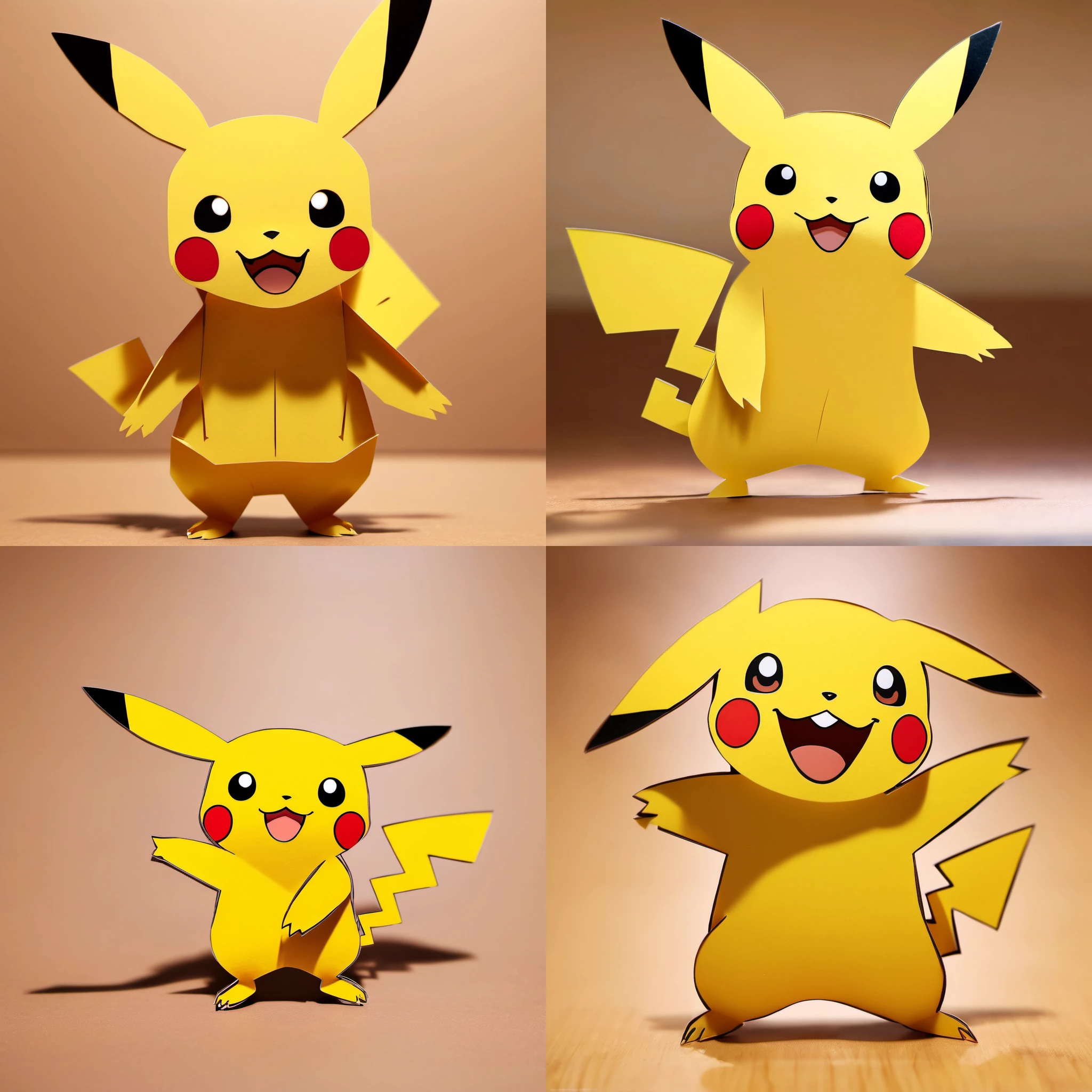 paper-cut,Pikachu, solo, standing, full body, brown eyes, closed mouth, blurry, smile<lora:paper-cut:1>,