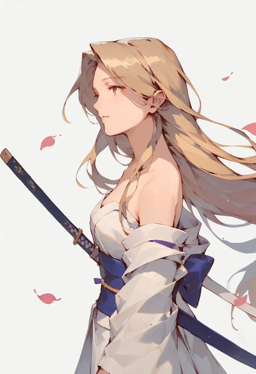 score_9, score_8_up, score_7_up, 1girl, (blonde hair, long hair, straight hair, mid parted hair:1.25), side view, holding a katana, white kimono, off shoulder, simple background with (japanese kanji), traditional art, sakura petals, high contrast