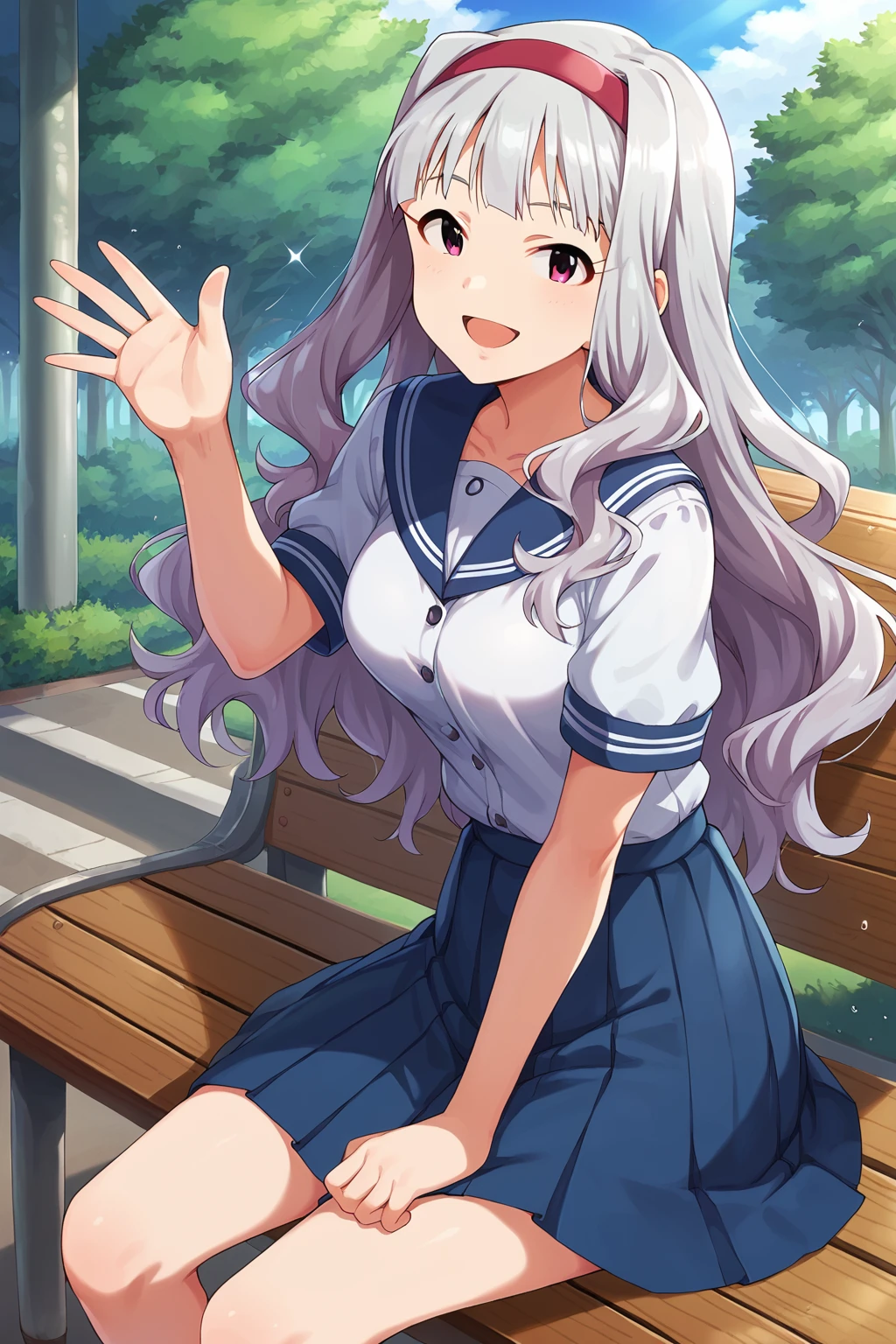 score_9, score_8, aatakane, solo, long hair, hairband, medium breasts, <lora:shijou_takane_XL_v1:0.8>, school uniform, short sleeves, outdoors, bench, sitting, waving, smile, open mouth,