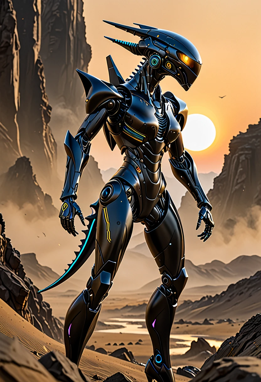 Alien-themed flat black mecha alien, Bladerunner 2049, in an alien landscape, . Extraterrestrial, cosmic, otherworldly, mysterious, sci-fi, highly detailed