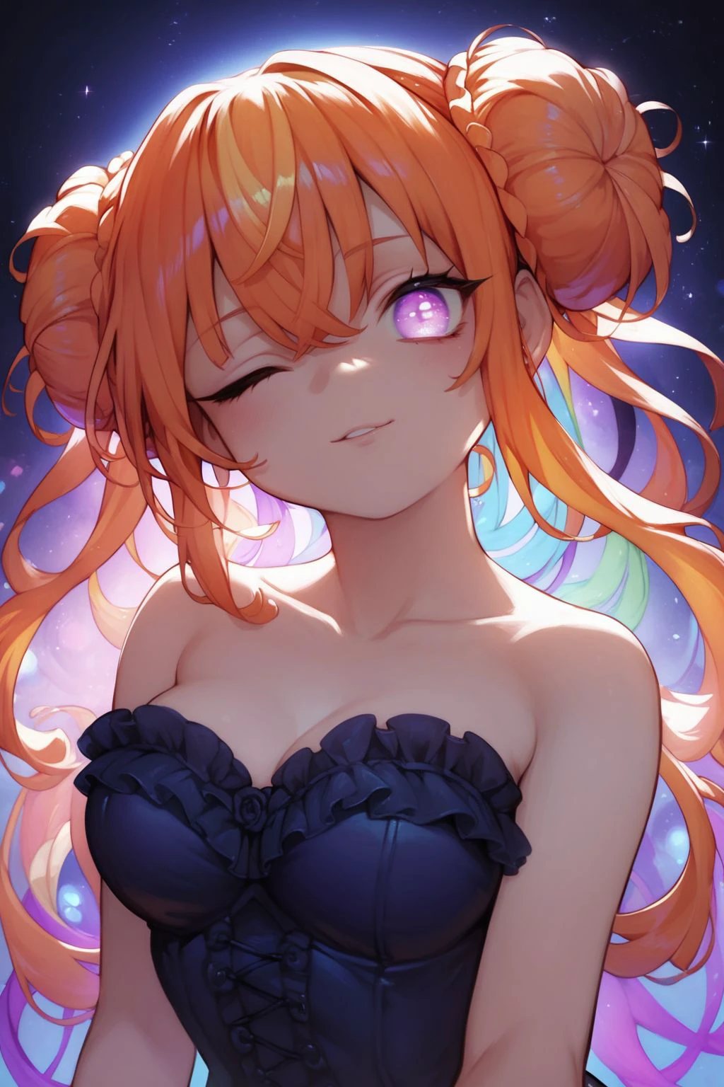 score_9, score_8_up, score_7_up, high resolution, 1girl, looking at viewer, beautiful face, detailed pupils, one eye closed \(winking\), orange hair, triple bun, fringed bangs, light purple eyes, breasts, dark blue bustier, frontlighting, rainbow background <lora:eroiroe_PonyXL_style_v01:1>