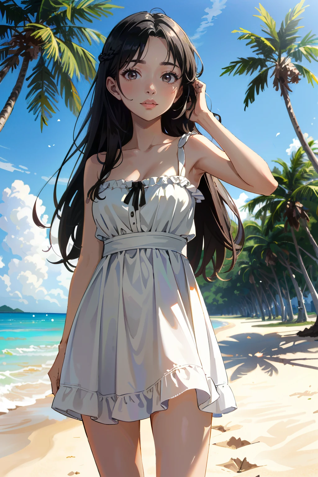 ((ultra detailed, masterpiece, absurdres))
 <lora:TWDRosita:0.9>
TWDRosita, long hair, black hair, brown eyes, on a tropical island, sundress, palm trees