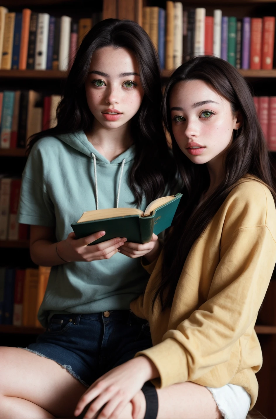 RAW photograph, tv_Mishka_Silva_M, , intense expression, wearing shorts and a hoodie, reading a book in a huge old library, full body shot,, (((epic-Ultra-HD-details, epic-Ultra-HD-highlights, upscaled-resolution, optimal))) , PA7_Human-Likeness