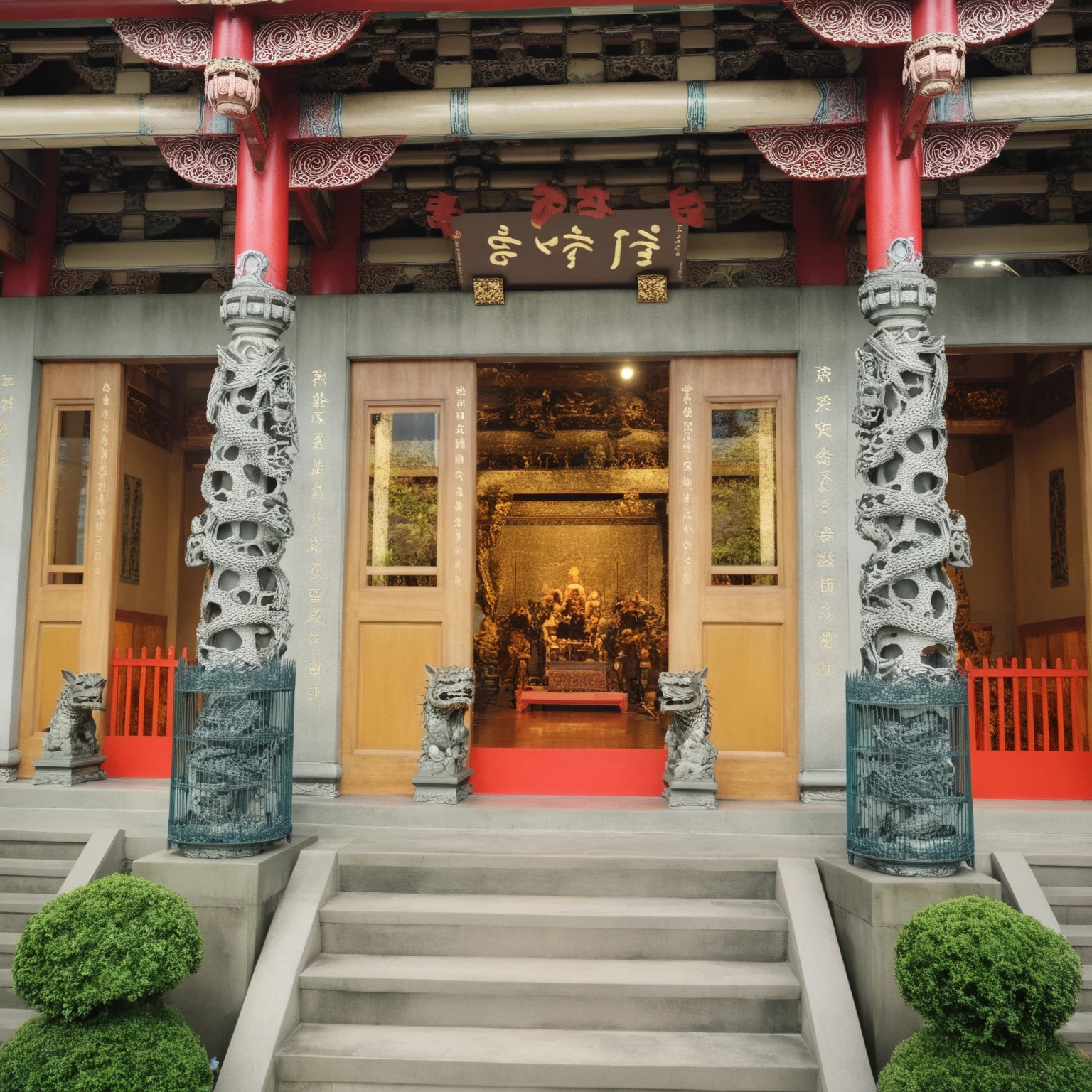 <lora:JJsTaiwanese_Temple_XL:1>, ((Taiwanese Temple)), masterpiece, best quality, scenery, outdoors, building, tree, stair, real world location, grass, bush, door, window, roof, walkway ,dawn, day, statue, subject, high quality, column, people perspective, dramatic lighting, dragon stone statue, tiger stone statue,