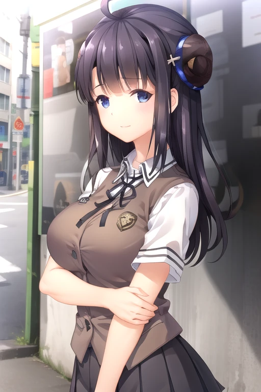 ((masterpiece)),(best quality),official art,extremely detailed CG,unity 8k wallpaper,ultra detailed,beautiful detailed eyes,extremely detailed face,outdoors,1girl,solo,upper body,(portrait:1.5),looking at viewer,facing viewer,smile,Wen Zhi,ahoge,very long hair,black hair,hair ornament,single hair bun,single side bun,bangs,blue eyes,brown vest,neck ribbon,black ribbon,collared shirt,white shirt,short sleeves,large breasts,miniskirt,black skirt,pleated skirt,zettai ryouiki,black thighhighs,loafers,<lora:Wen Zhi(shtl):0.9>,