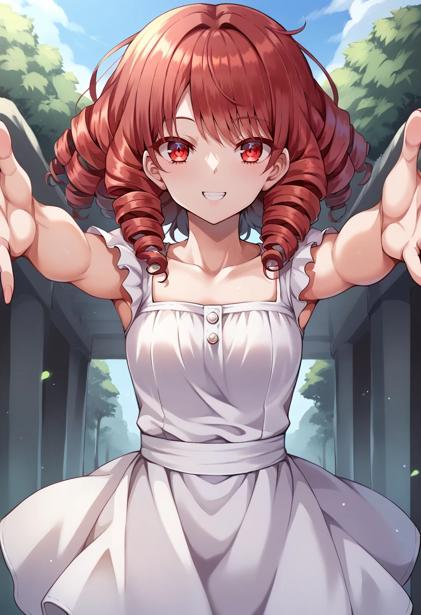 score_9, score_8_up, score_7_up, source_anime, 1girl,red eyes,smile, outdoors, best quality,  red hair, ringlets, outstretched arms, portrait,  white sundress,  by sekaisaisoku <lora:Sekaiseisoku-Style-PonyXL-v1.2:1>