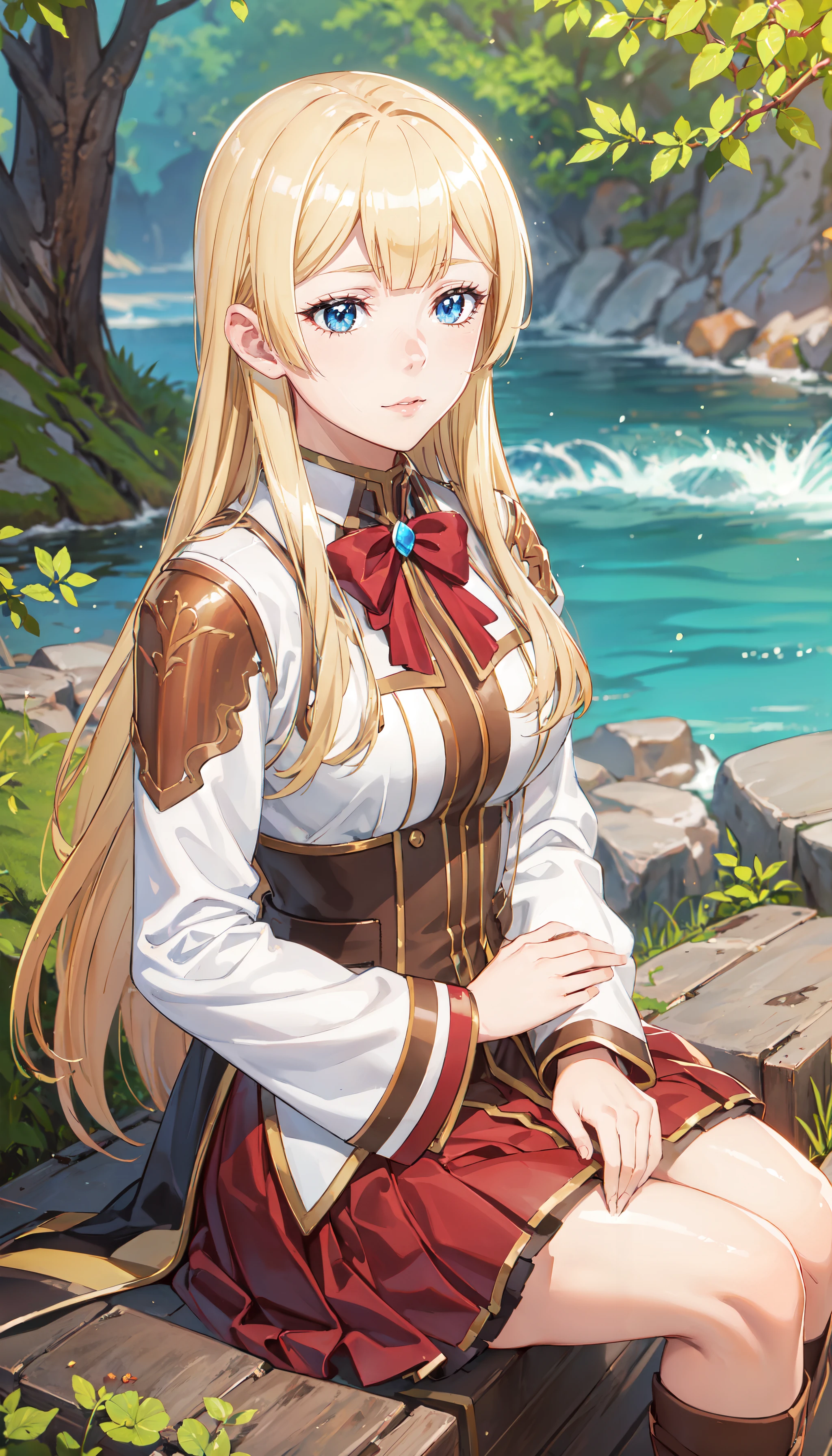 photorealistic, (4k), depth of field, (Masterpiece), (realistic skin texture), extremely detailed, intricate, hyper detailed, professional photography, bokeh, high resolution, sharp detail, best quality, girl, long hair, blonde hair, straight hair, blue eyes, white shirt, long sleeves, red skirt, <lora:GoodHands-vanilla:0.4>, <lora:detail_slider_v4:0.8> , dynamic pose, (sitting parallel to the camera, hand on knee),   <lora:Sif Rembrandt:0.7>, river, waterfall, outdoors,