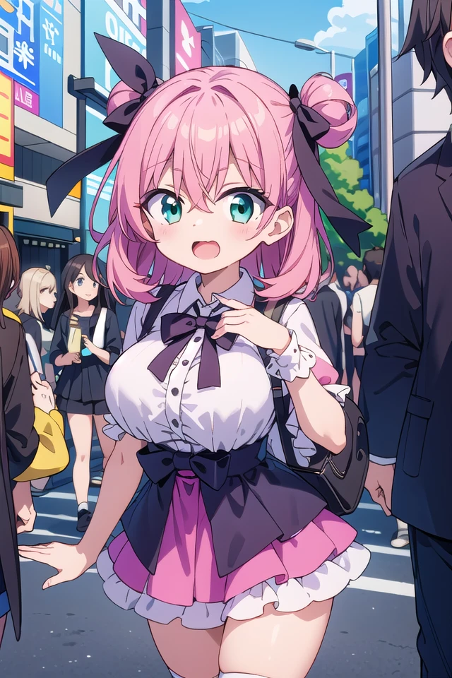 Girl with pink hair, long twin-tail hairstyle, small bushy eyebrows, dressed in gothic lolita clothes, lolicon (Zankuro) drawing style by zankuro artist, Zancrow style, image uploaded to R34, walking to school, flirty smile, lifting her skirt to show her vagina wet with semen, standing in the middle of a crowd