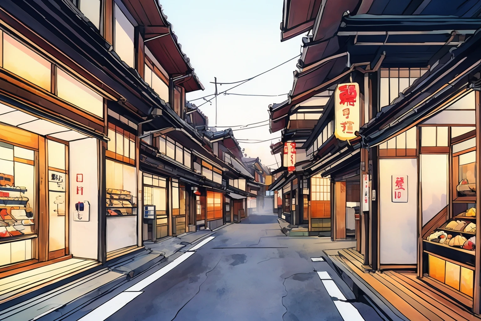 illustration, modern japanese shopping street, background, <lora:darkcat:1.0>