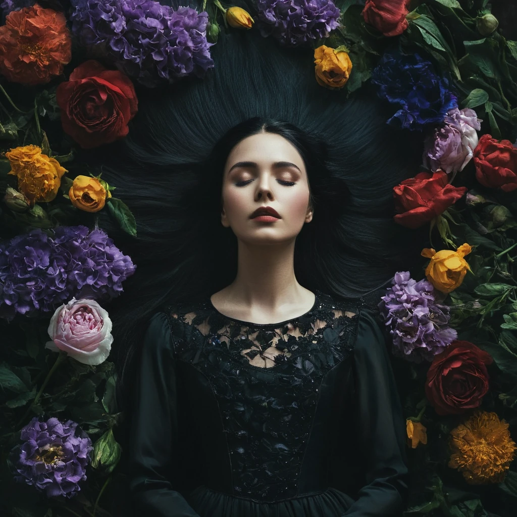 Gothic style, <lora:Fine art photography style:1>
Juxtaposition of a woman in a dress is surrounded by flowers,Juxtaposition,artistic,photography,dramatic light,dramatic shadow light,contrast,saturated color,cinematic,filmic,photographic,realistic,realism,perfection,perfect,Juxtaposed,opposite,different things,side by side,syncretism,antithesis,Juxtaposition style,1girl,solo,long hair,black hair,closed eyes,flower,artist name,hair over one eye,blurry,lips,watermark,web address , creative, photorealism, hyperrealism, Fine art photography style, Fine art cinematic photography style, Dark, mysterious, haunting, dramatic, ornate, detailed