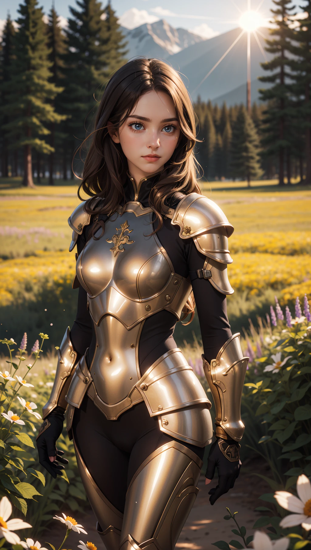 (masterpiece),(best quality),(extremely intricate),(sharp focus),(cinematic lighting),(extremely detailed),A young girl in armor,standing in a meadow of wildflowers. She has long brown hair adorned with wildflowers. Her expression is determined,and her eyes are shining with courage. The sun is shining brightly behind her,casting a golden glow over the scene.,flower4rmor,flower bodysuit,Flower,