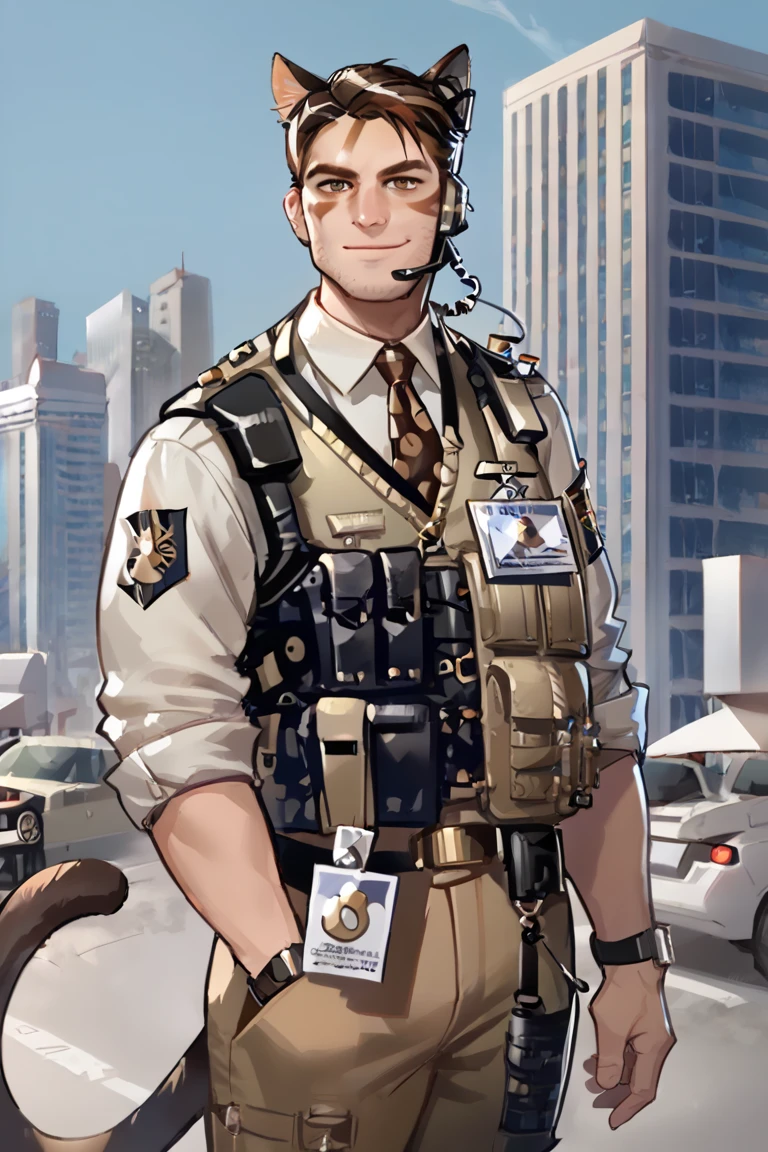 score_9, score_8_up, score_7_up, ferdinand-clooney, ferdinand-fugitive, 1boy, solo, male focus, mature male, short hair, brown hair, multicolored hair, brown eyes, facial hair, stubble, animal ears, cat ears, cat boy, cat tail, looking at viewer, smile, necktie, spotted necktie, collared shirt, belt, pants, uniform, vest, military, military uniform, facepaint, sleeves rolled up, headset, watch, wristwatch, brown pants,id card, harness, earpiece, tactical clothes, bulletproof vest, walkie-talkie, cowboy shot, standing, outdoors, city, building <lora:Ferdinand Clooney (Arknights) v1.2 LoRA_Pony XL v6_Fix:0.7> <lora:Smooth Anime 2 Style SDXL_LoRA_Pony Diffusion V6 XL:1>