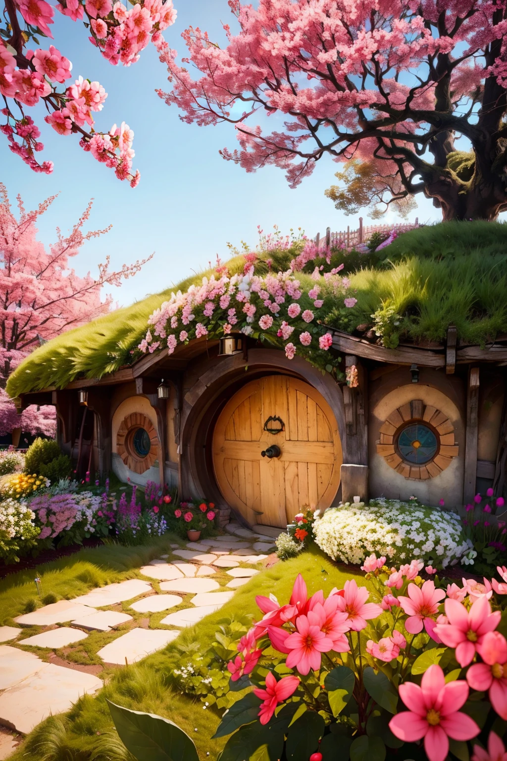 ((masterpiece, best quality)), <lora:Hobbit_Hole:0.8>, high resolution, highly detailed,  Hobbit Hole,  flower, day, tree, no humans, traditional media, grass, white flower, cherry blossoms, nature, fence, orange flower, daisy, garden